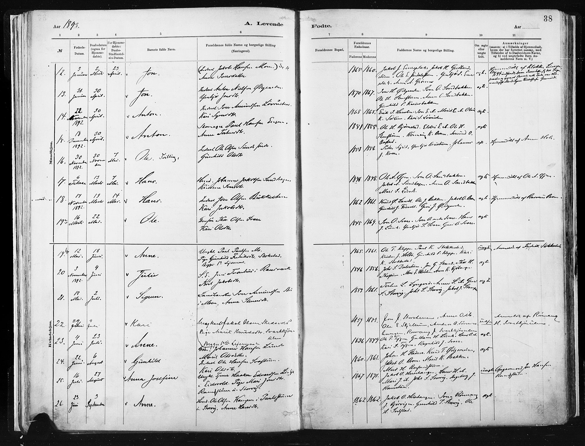 Vågå prestekontor, SAH/PREST-076/H/Ha/Haa/L0009: Parish register (official) no. 9, 1886-1904, p. 38