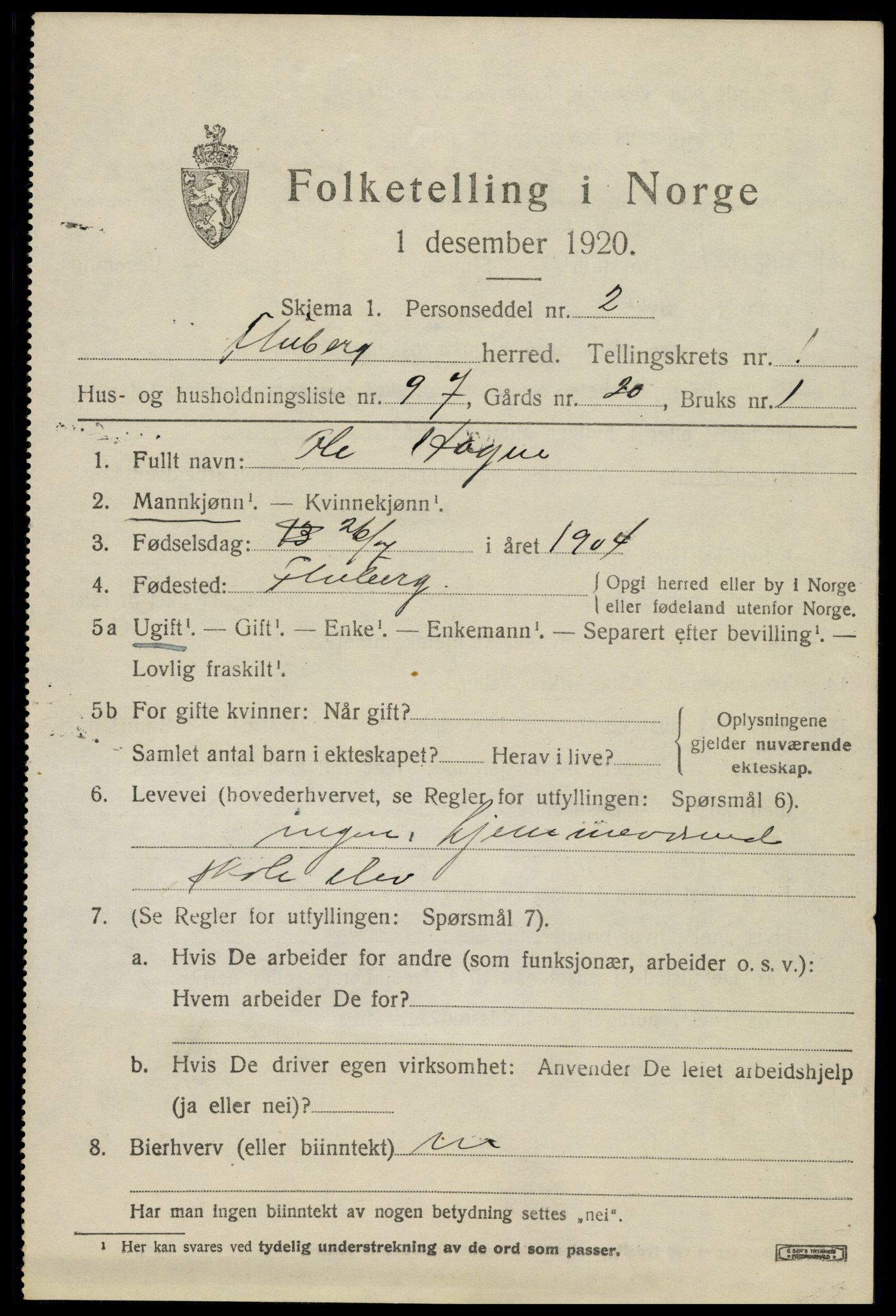 SAH, 1920 census for Fluberg, 1920, p. 1958