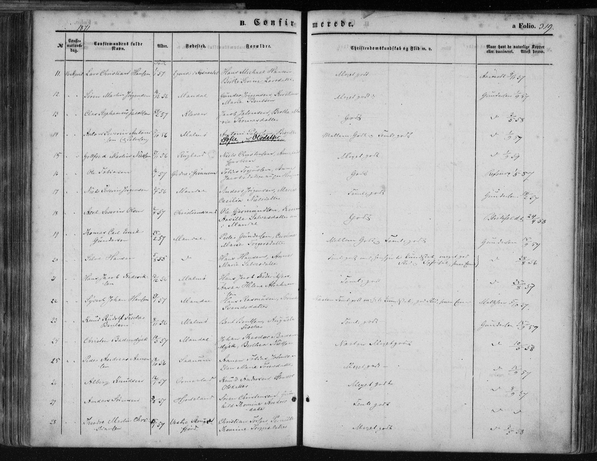 Mandal sokneprestkontor, AV/SAK-1111-0030/F/Fa/Faa/L0014: Parish register (official) no. A 14, 1859-1872, p. 319