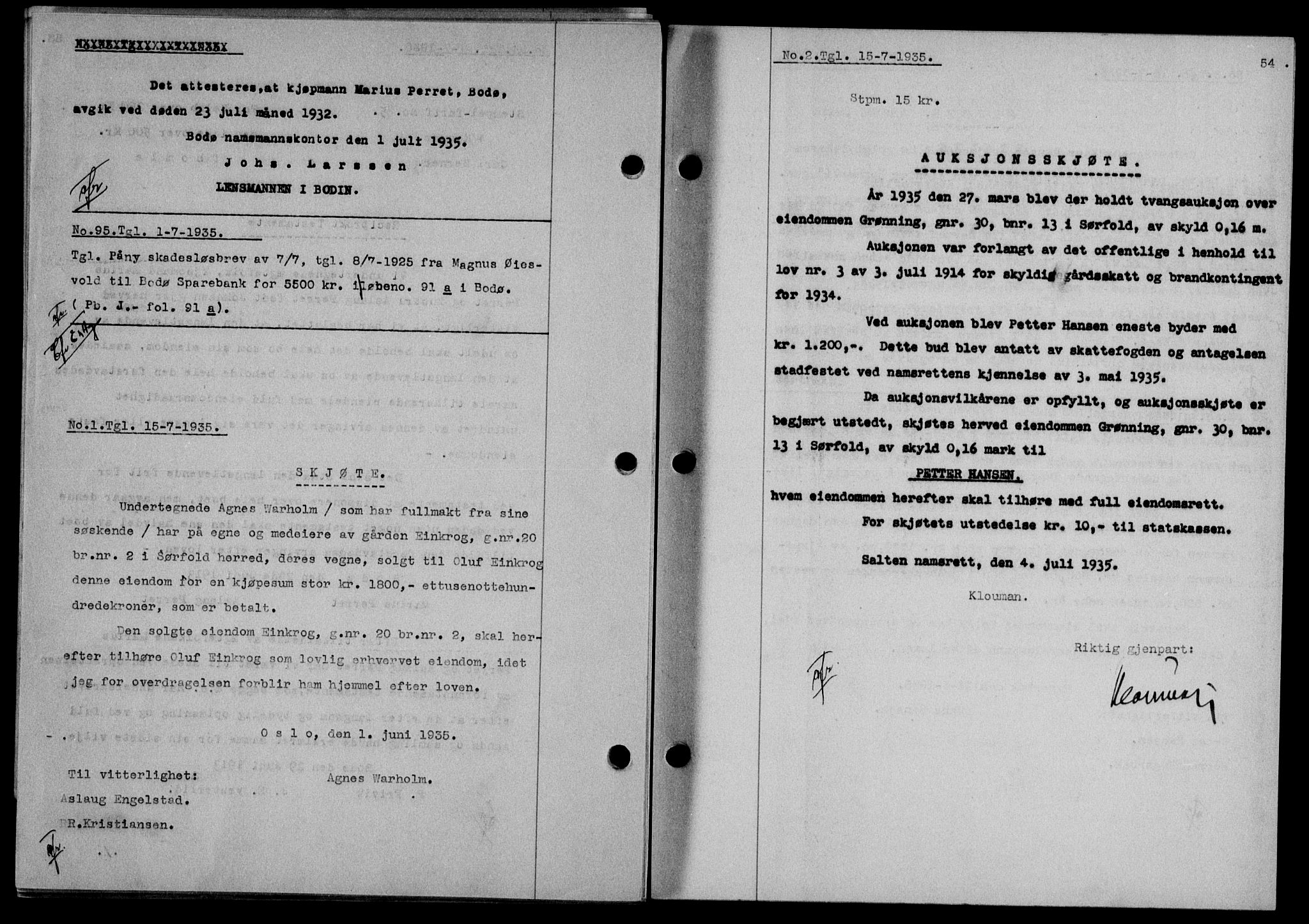 Salten sorenskriveri, SAT/A-4578/1/2/2C/L0067: Mortgage book no. 57, 1935-1935, Deed date: 15.07.1935