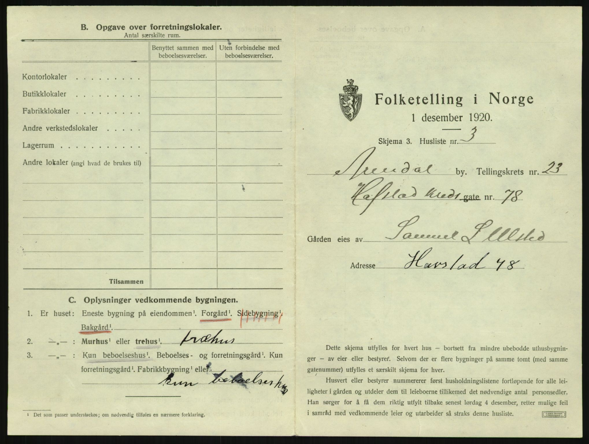 SAK, 1920 census for Arendal, 1920, p. 3566