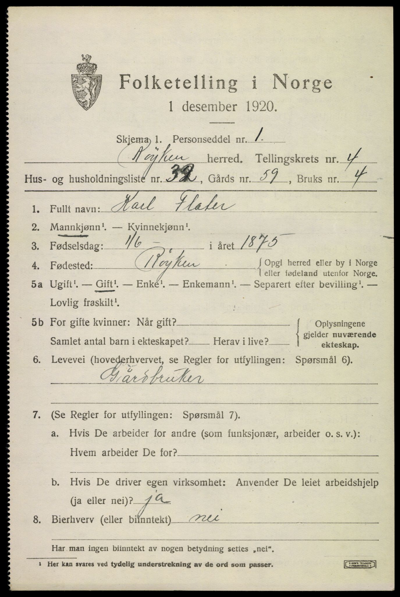 SAKO, 1920 census for Røyken, 1920, p. 5928