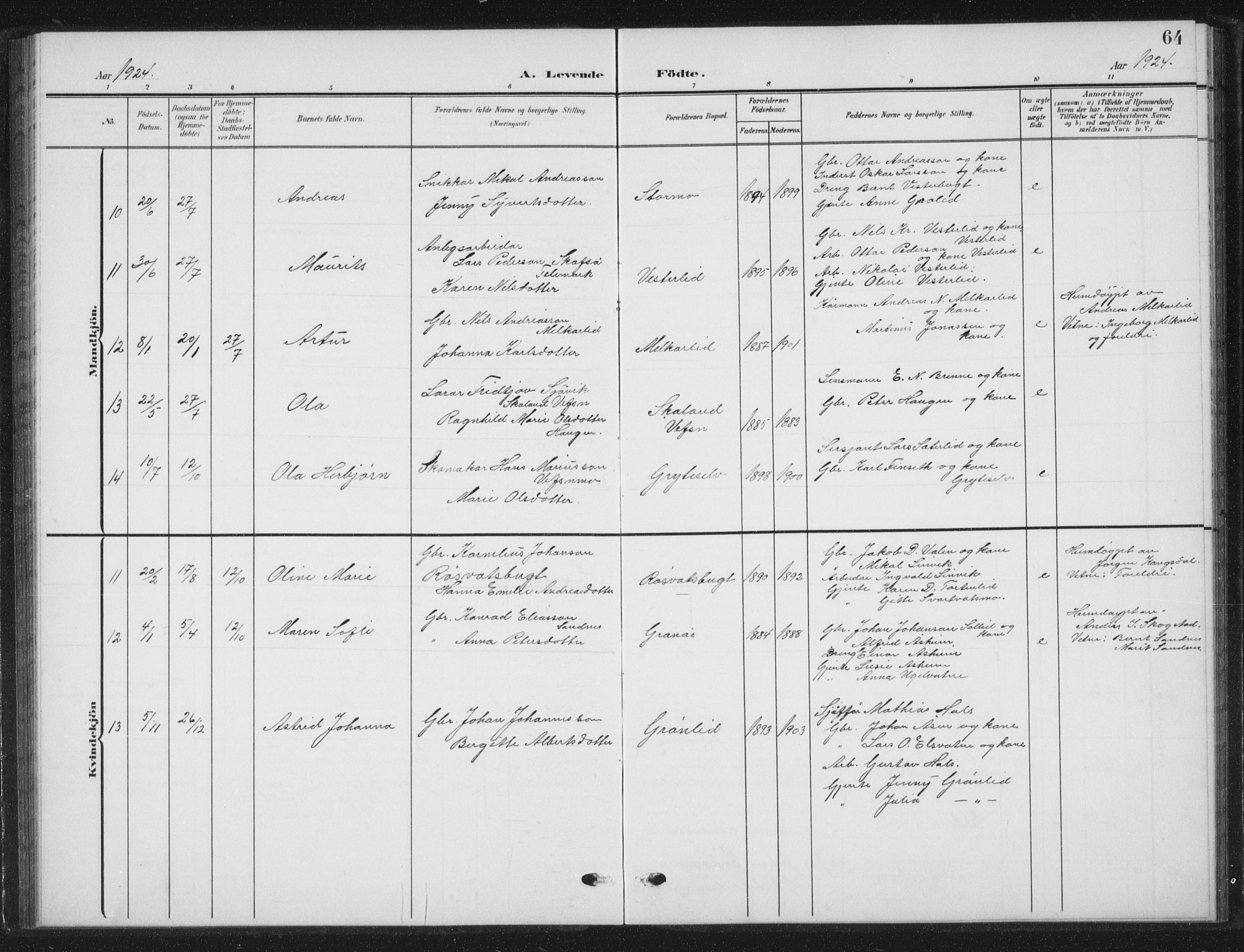 Ministerialprotokoller, klokkerbøker og fødselsregistre - Nordland, AV/SAT-A-1459/823/L0331: Parish register (copy) no. 823C03, 1905-1934, p. 64