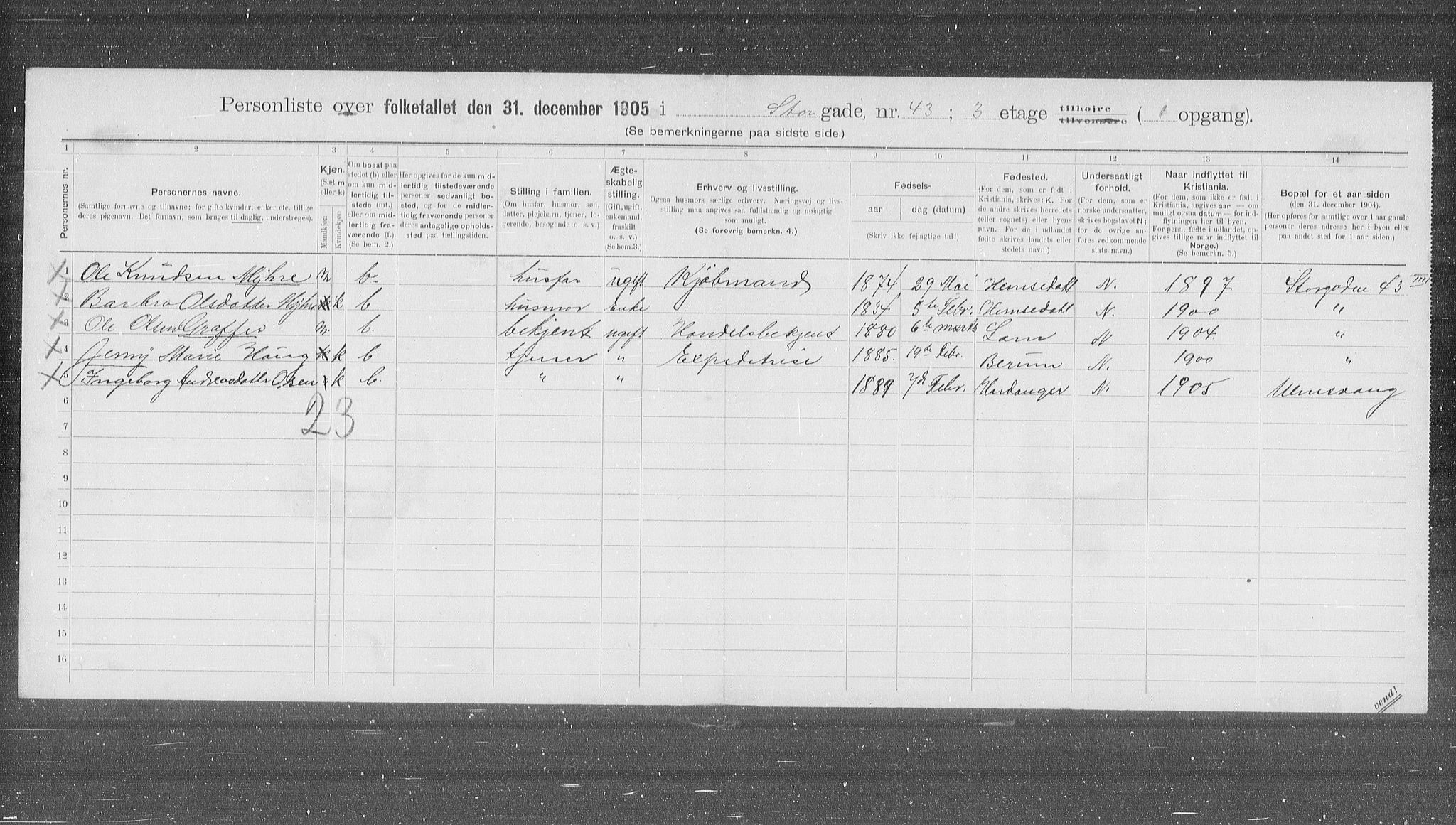 OBA, Municipal Census 1905 for Kristiania, 1905, p. 54180