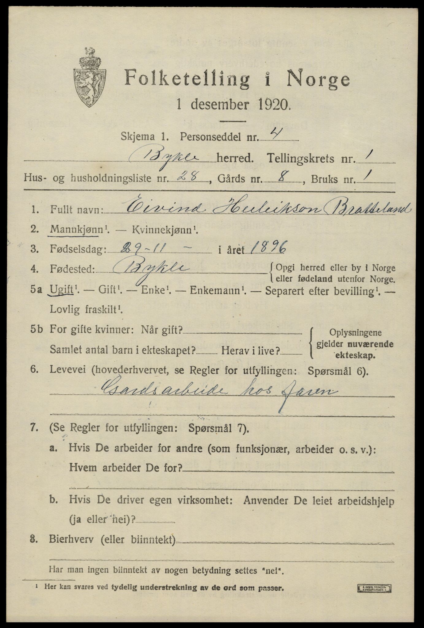 SAK, 1920 census for Bykle, 1920, p. 565