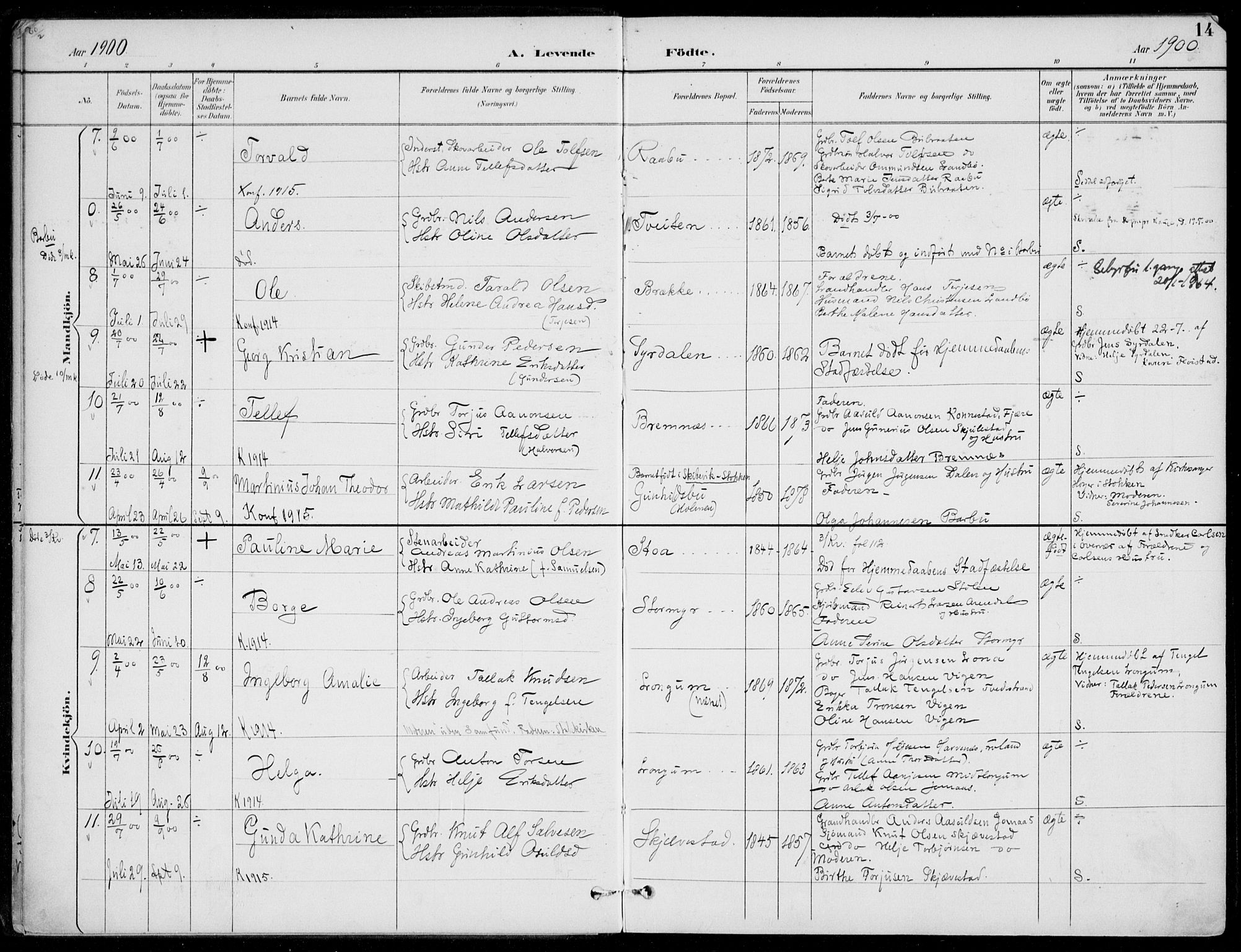 Austre Moland sokneprestkontor, AV/SAK-1111-0001/F/Fa/Faa/L0011: Parish register (official) no. A 11, 1894-1915, p. 14