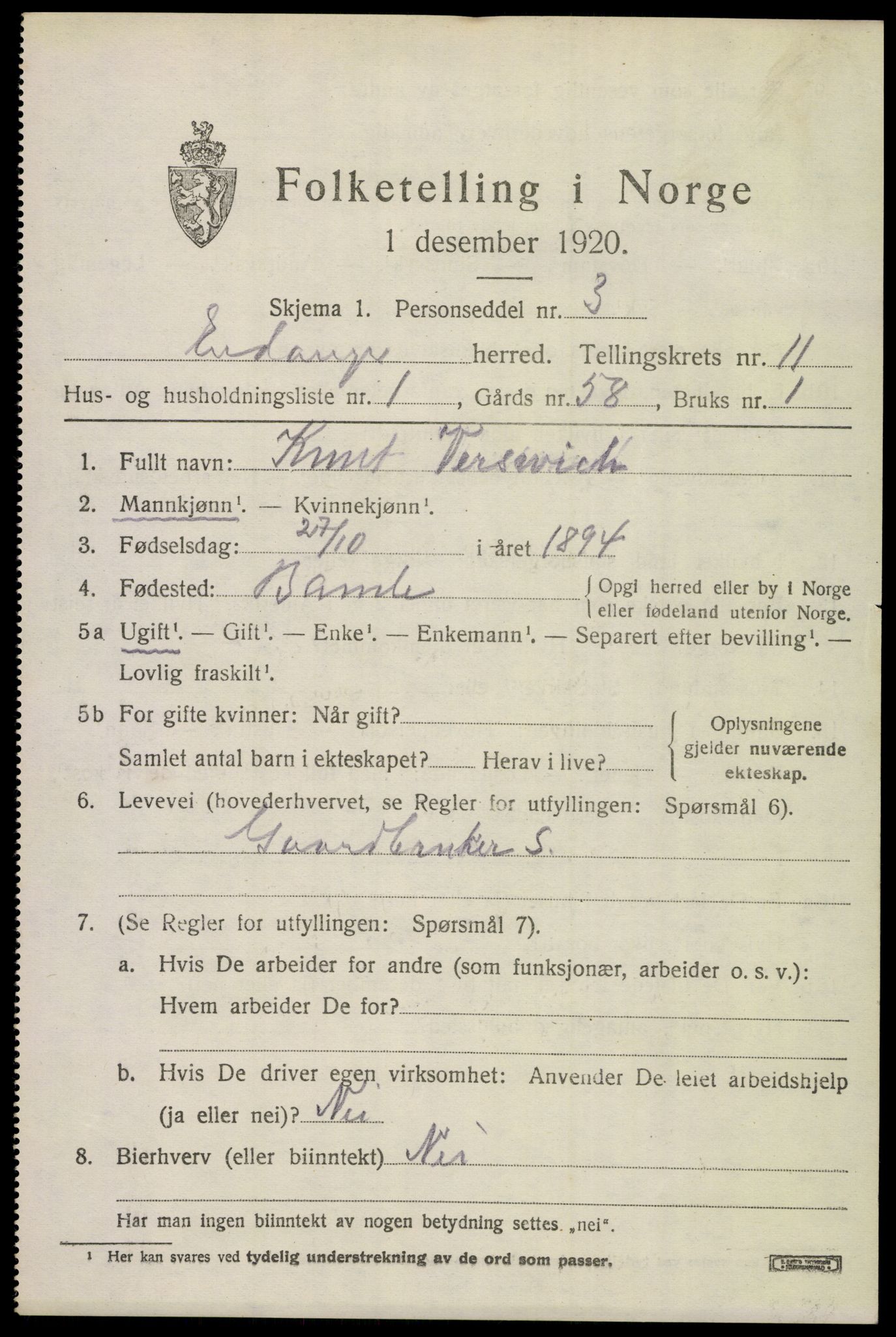 SAKO, 1920 census for Eidanger, 1920, p. 6674