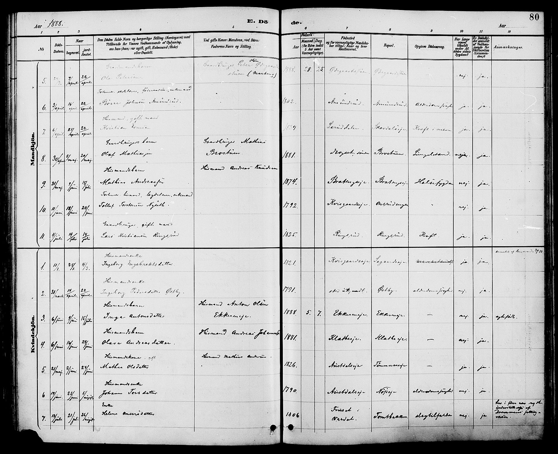 Biri prestekontor, AV/SAH-PREST-096/H/Ha/Haa/L0007: Parish register (official) no. 7, 1887-1893, p. 80