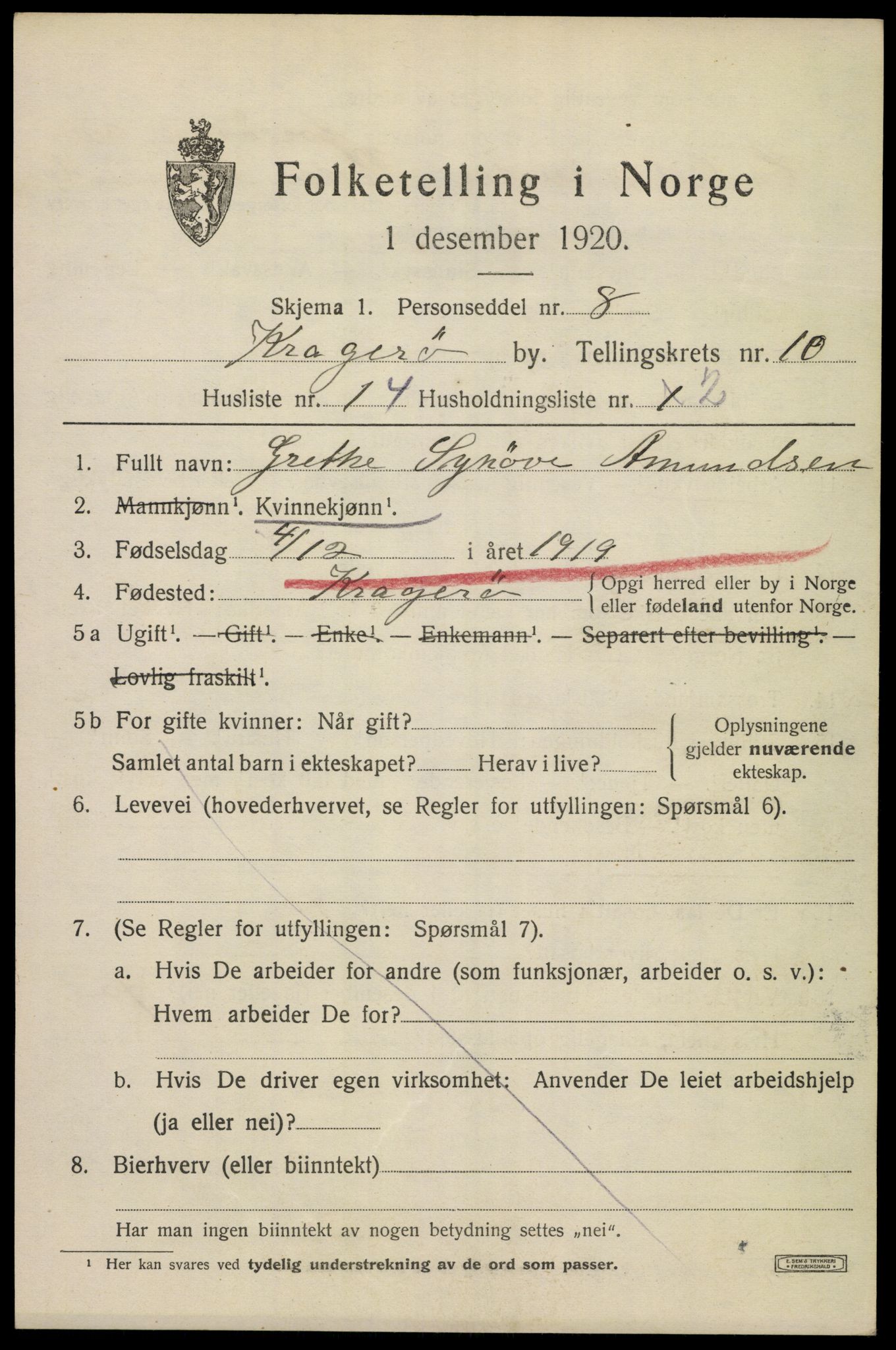 SAKO, 1920 census for Kragerø, 1920, p. 13161