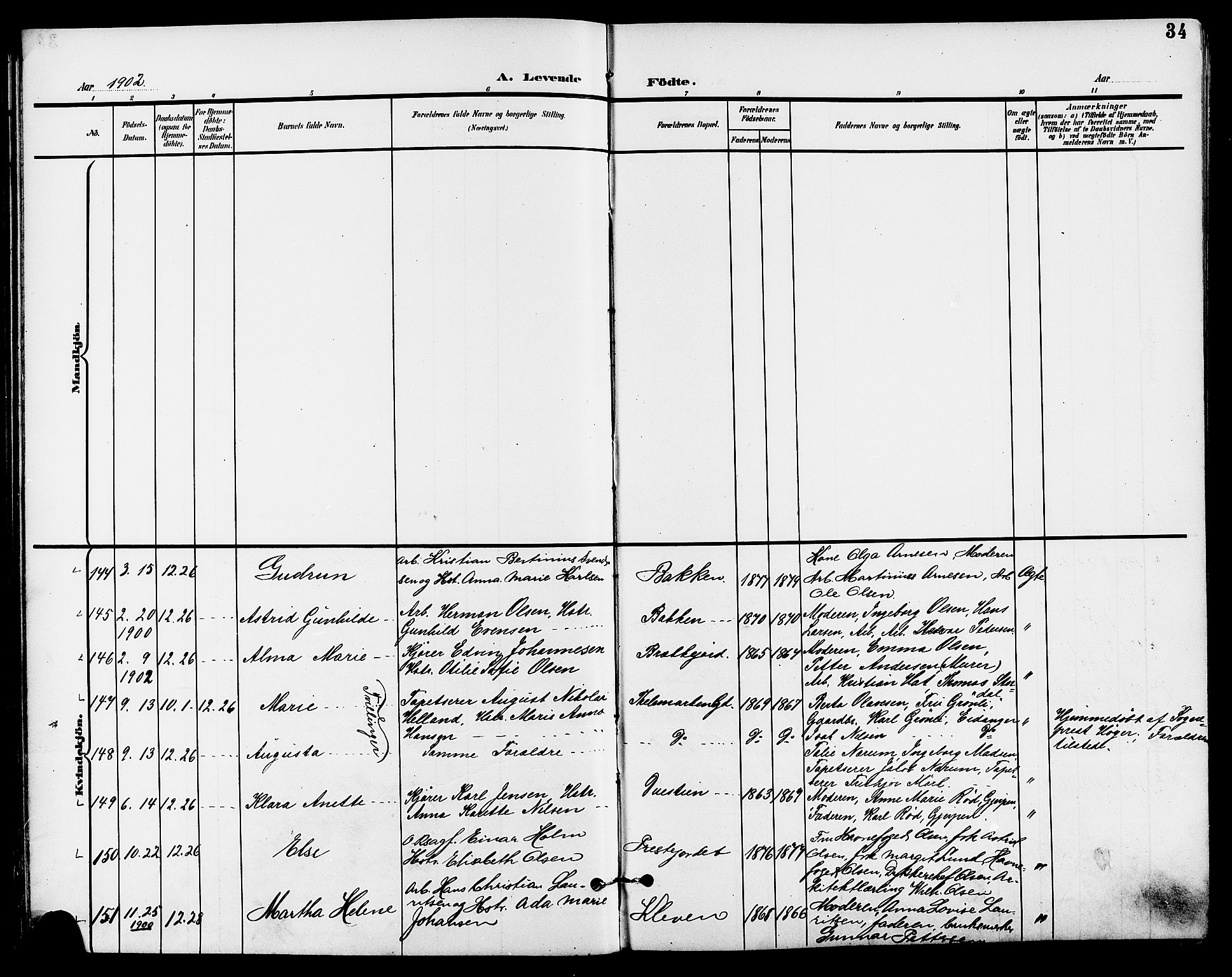 Skien kirkebøker, AV/SAKO-A-302/G/Ga/L0008: Parish register (copy) no. 8, 1900-1910, p. 34