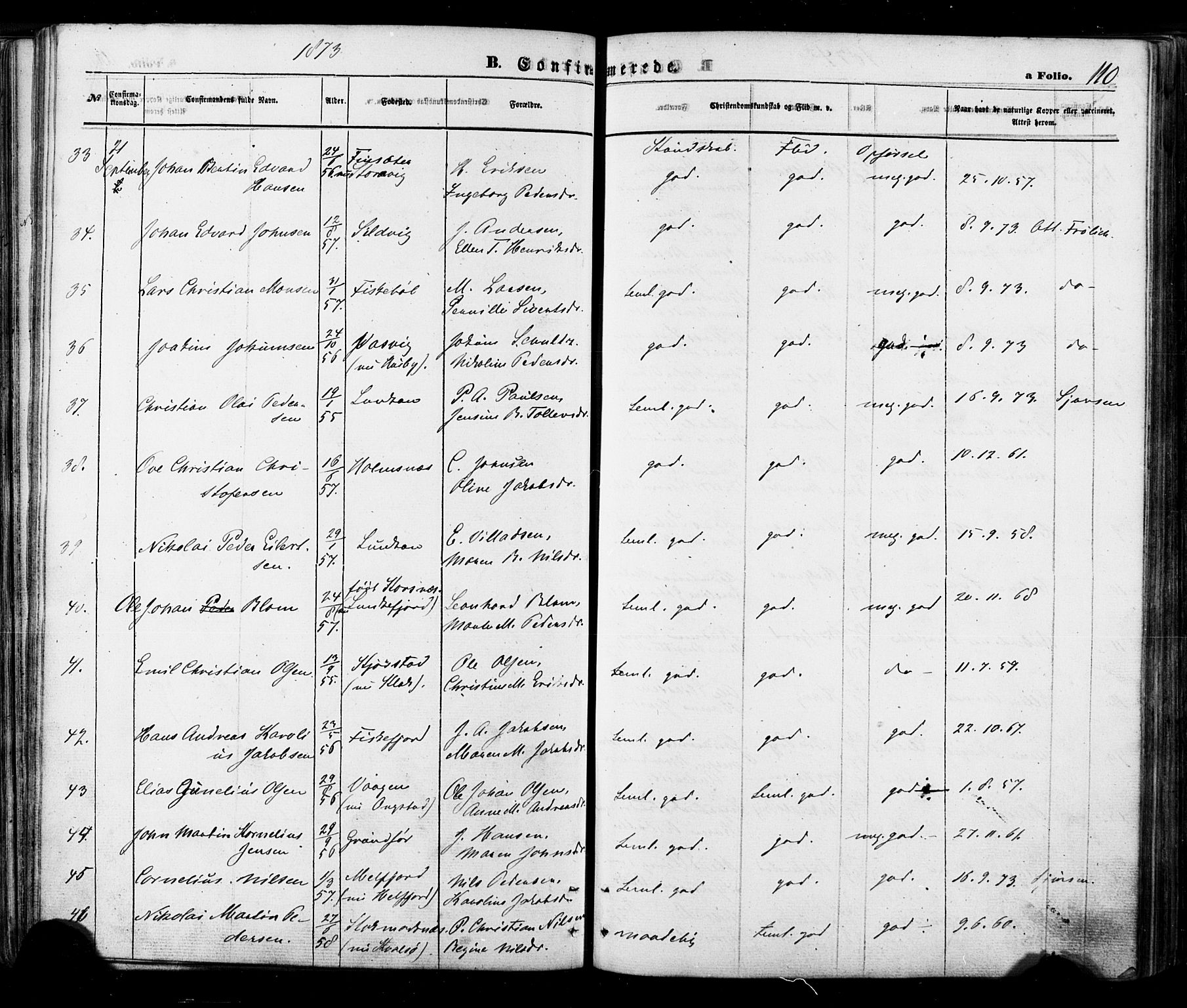 Ministerialprotokoller, klokkerbøker og fødselsregistre - Nordland, AV/SAT-A-1459/888/L1242: Parish register (official) no. 888A08, 1870-1875, p. 110