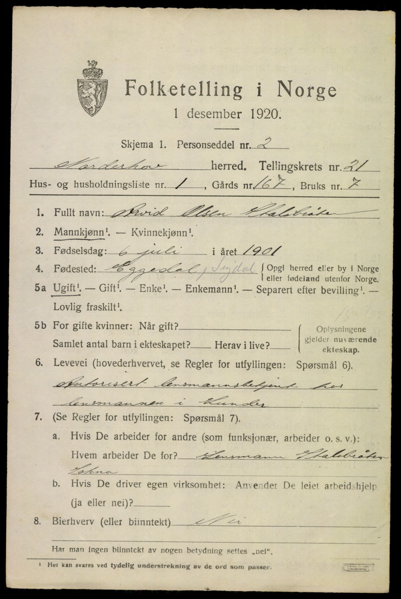 SAKO, 1920 census for Norderhov, 1920, p. 21904