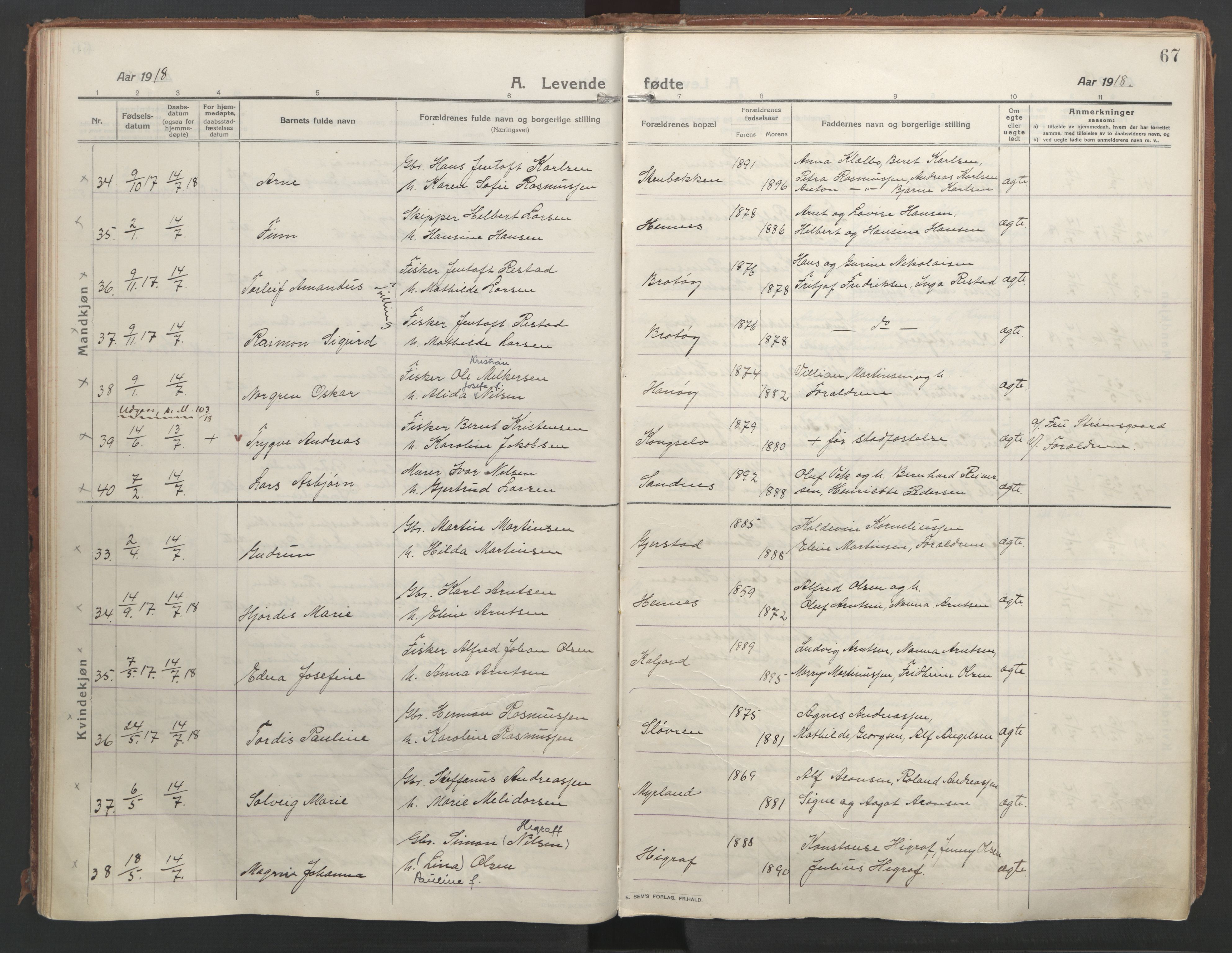 Ministerialprotokoller, klokkerbøker og fødselsregistre - Nordland, SAT/A-1459/888/L1250: Parish register (official) no. 888A16, 1913-1925, p. 67