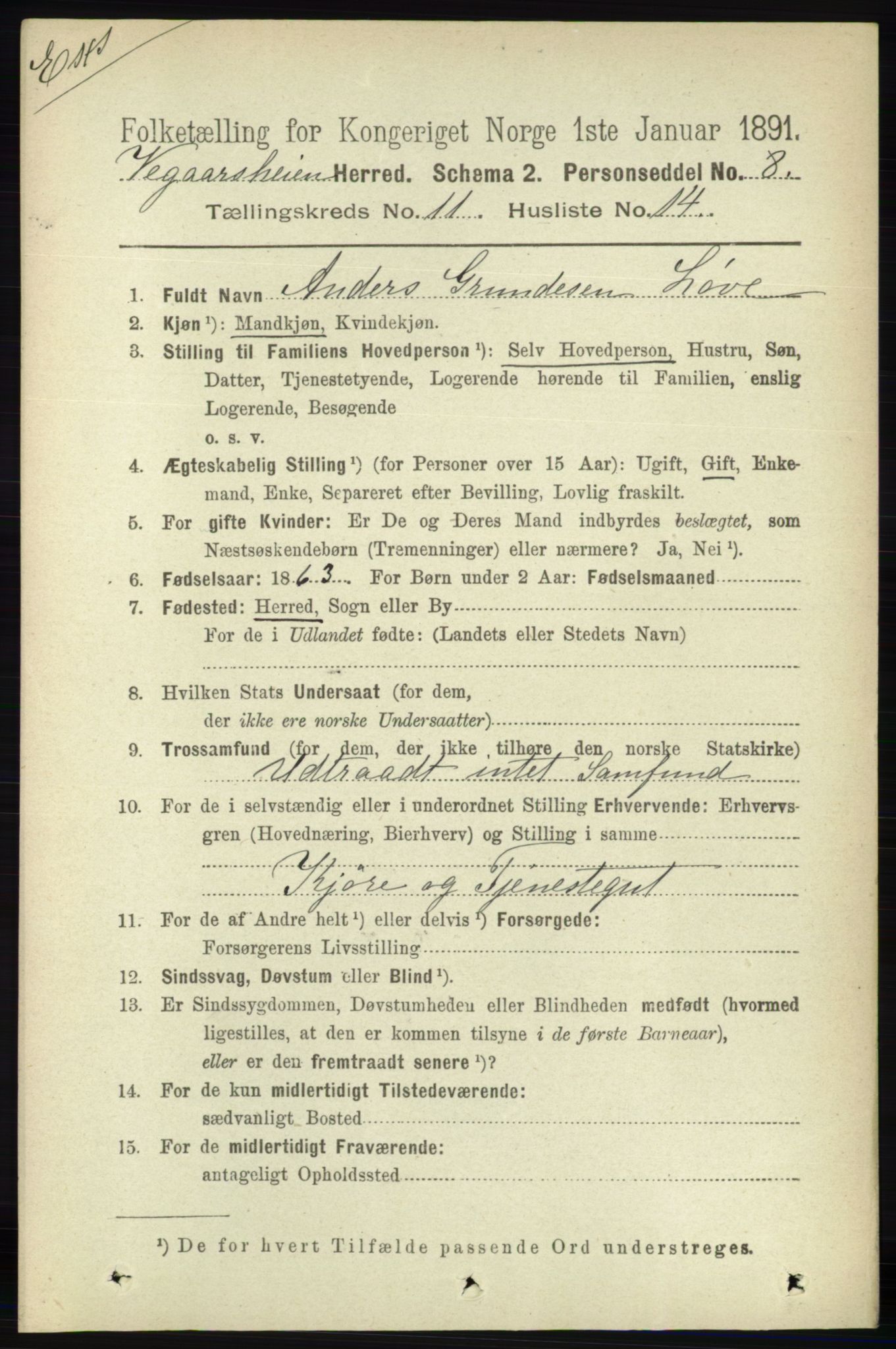 RA, Census 1891 for Nedenes amt: Gjenparter av personsedler for beslektede ektefeller, menn, 1891, p. 30