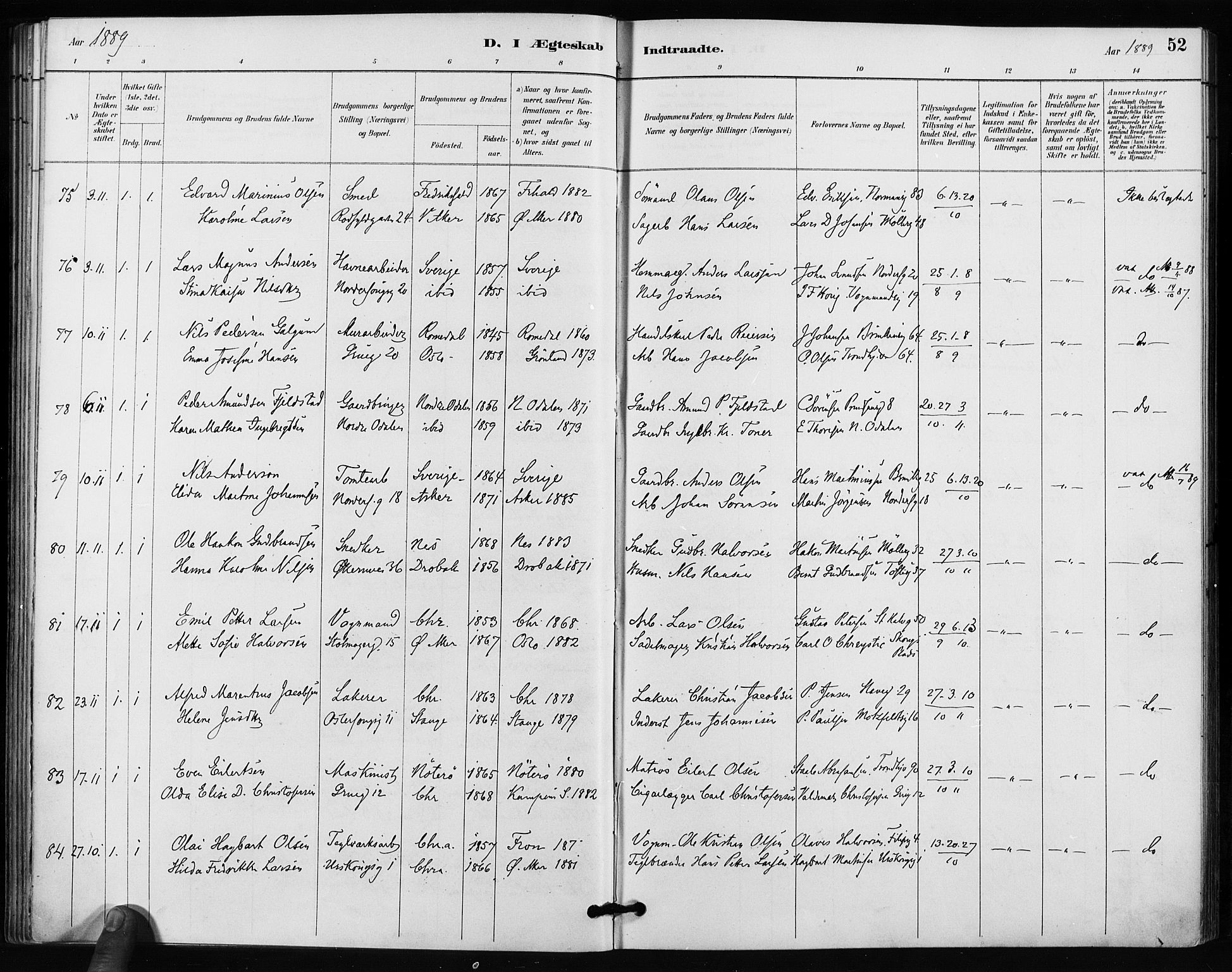 Kampen prestekontor Kirkebøker, SAO/A-10853/F/Fa/L0004: Parish register (official) no. I 4, 1885-1892, p. 52