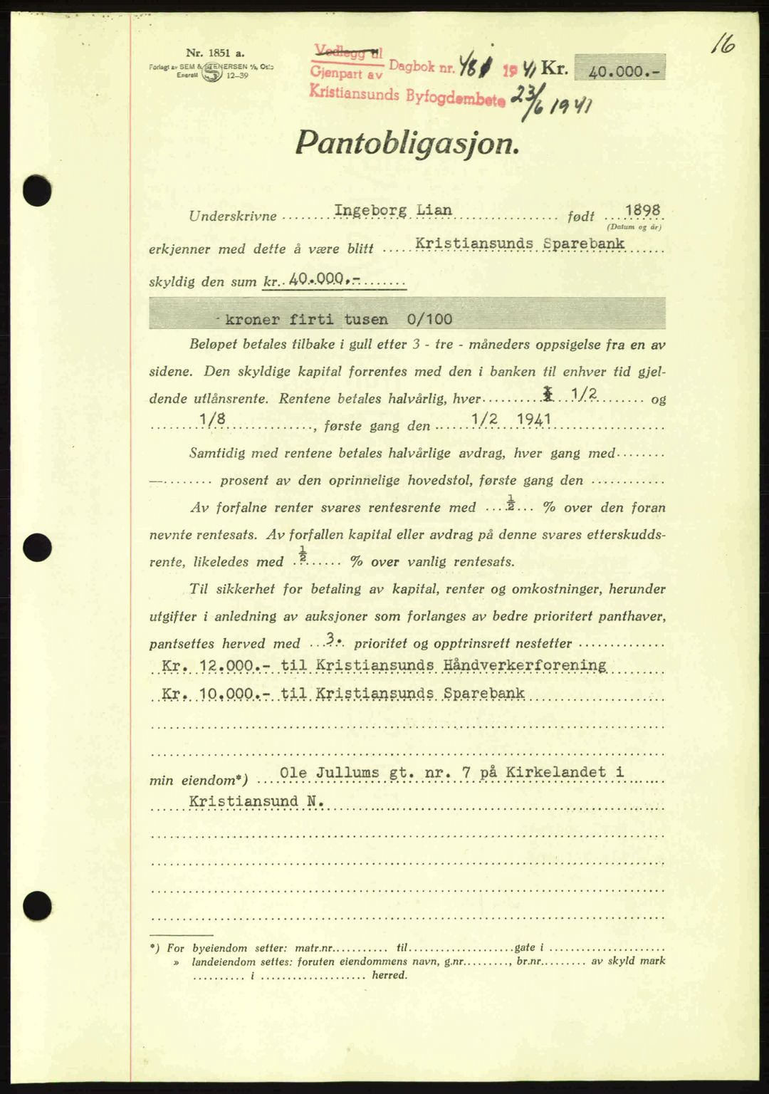 Kristiansund byfogd, AV/SAT-A-4587/A/27: Mortgage book no. 35, 1941-1942, Diary no: : 481/1941