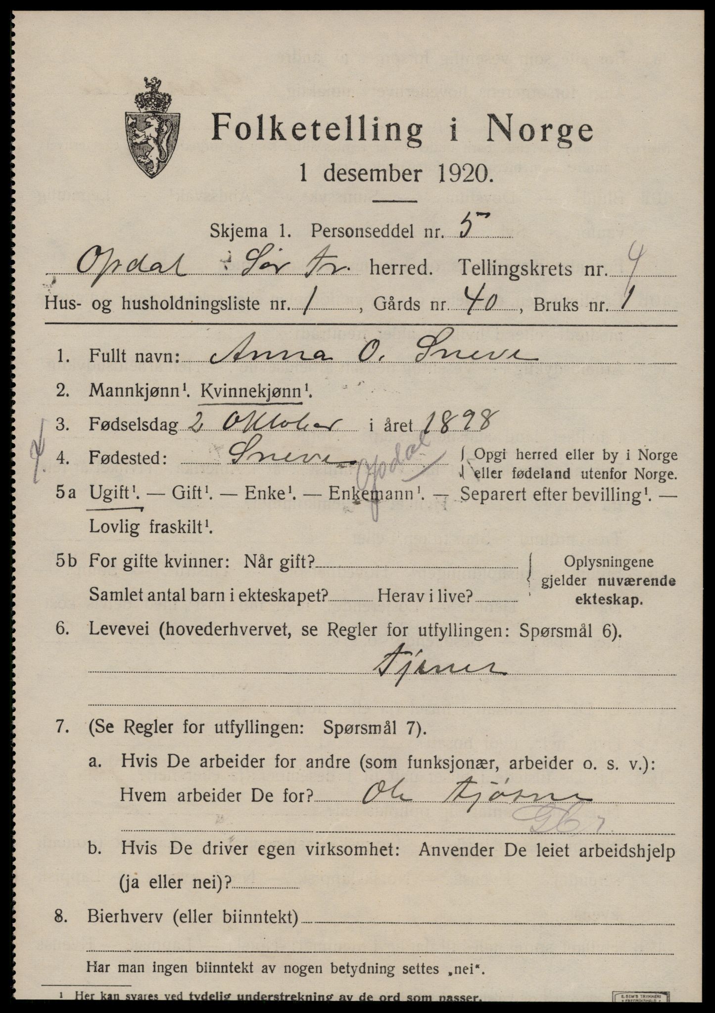 SAT, 1920 census for Oppdal, 1920, p. 4031