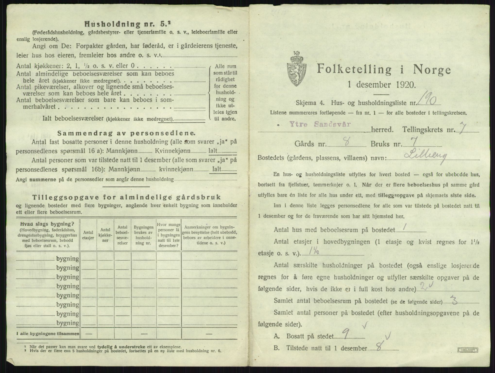 SAKO, 1920 census for Ytre Sandsvær, 1920, p. 1212