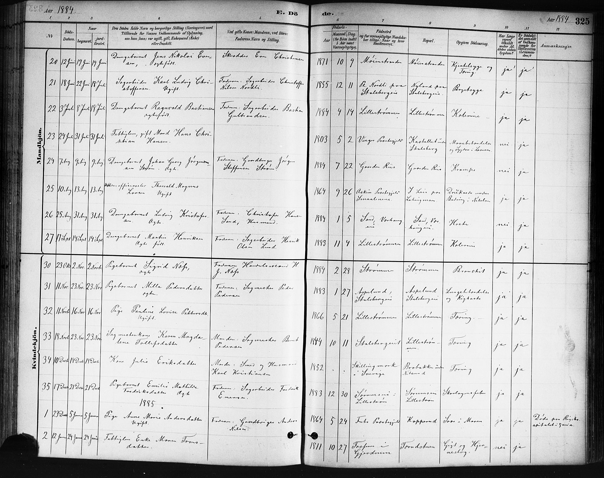 Skedsmo prestekontor Kirkebøker, SAO/A-10033a/G/Ga/L0004: Parish register (copy) no. I 4, 1883-1895, p. 325