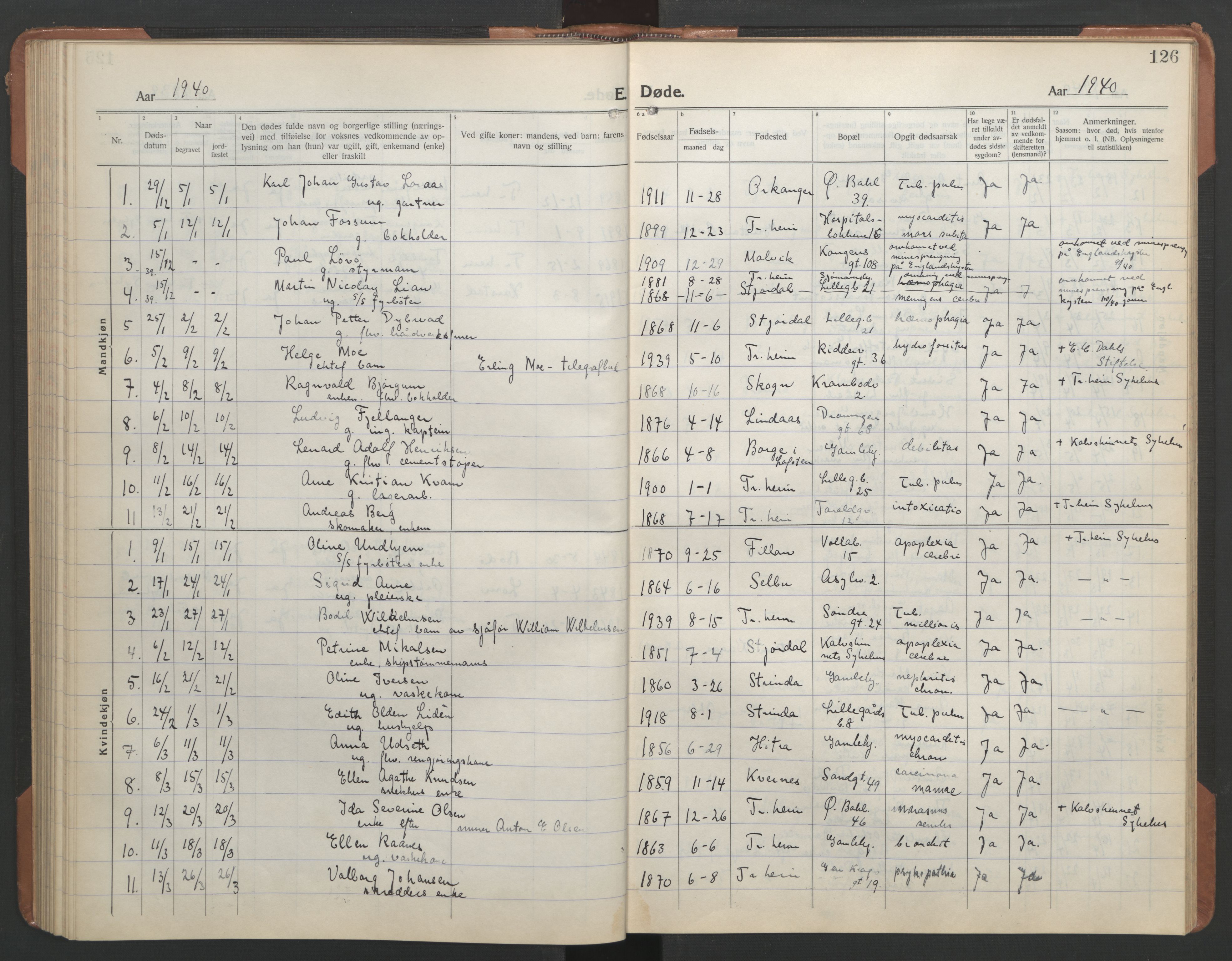 Ministerialprotokoller, klokkerbøker og fødselsregistre - Sør-Trøndelag, SAT/A-1456/602/L0150: Parish register (copy) no. 602C18, 1922-1949, p. 126