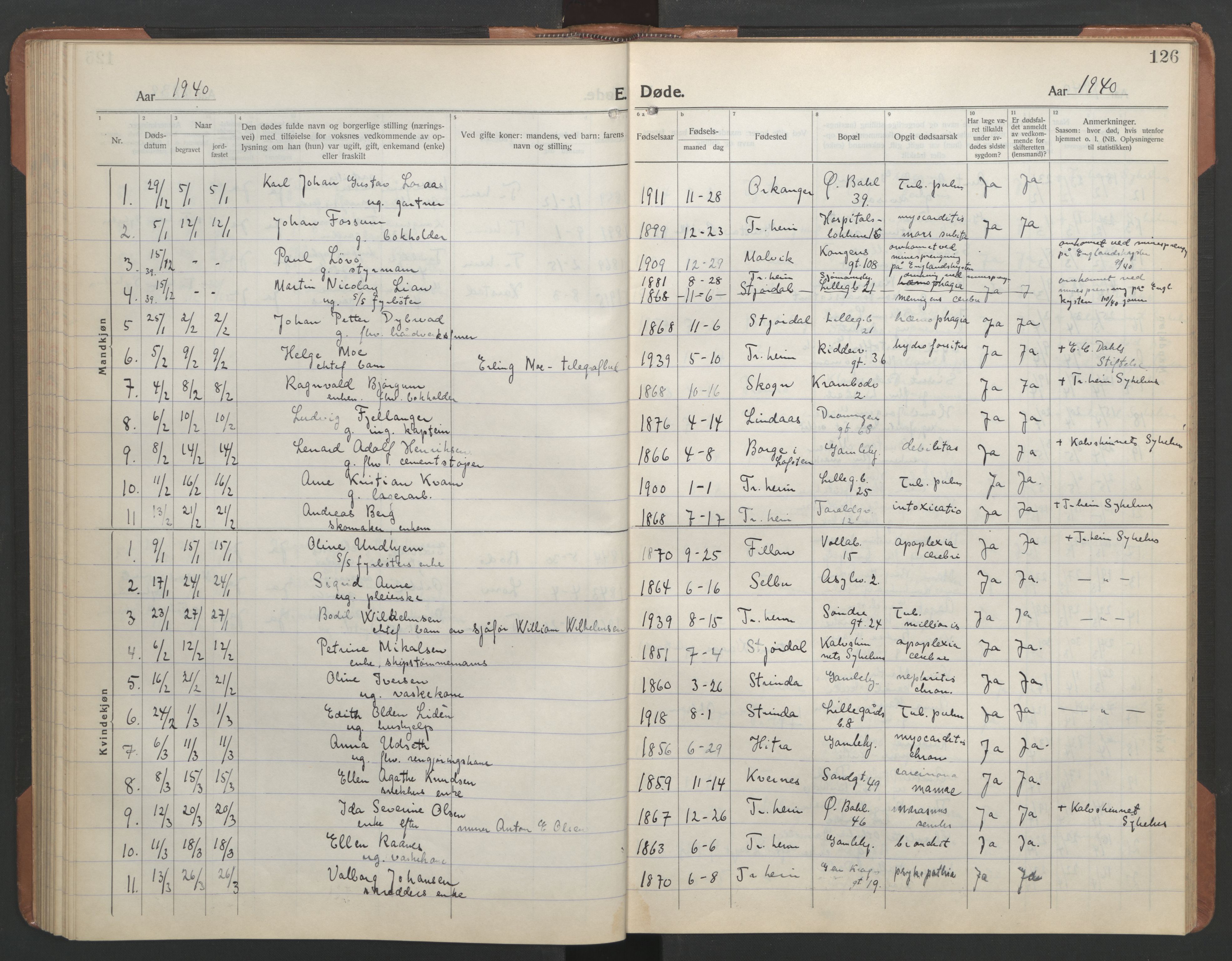 Ministerialprotokoller, klokkerbøker og fødselsregistre - Sør-Trøndelag, AV/SAT-A-1456/602/L0150: Parish register (copy) no. 602C18, 1922-1949, p. 126