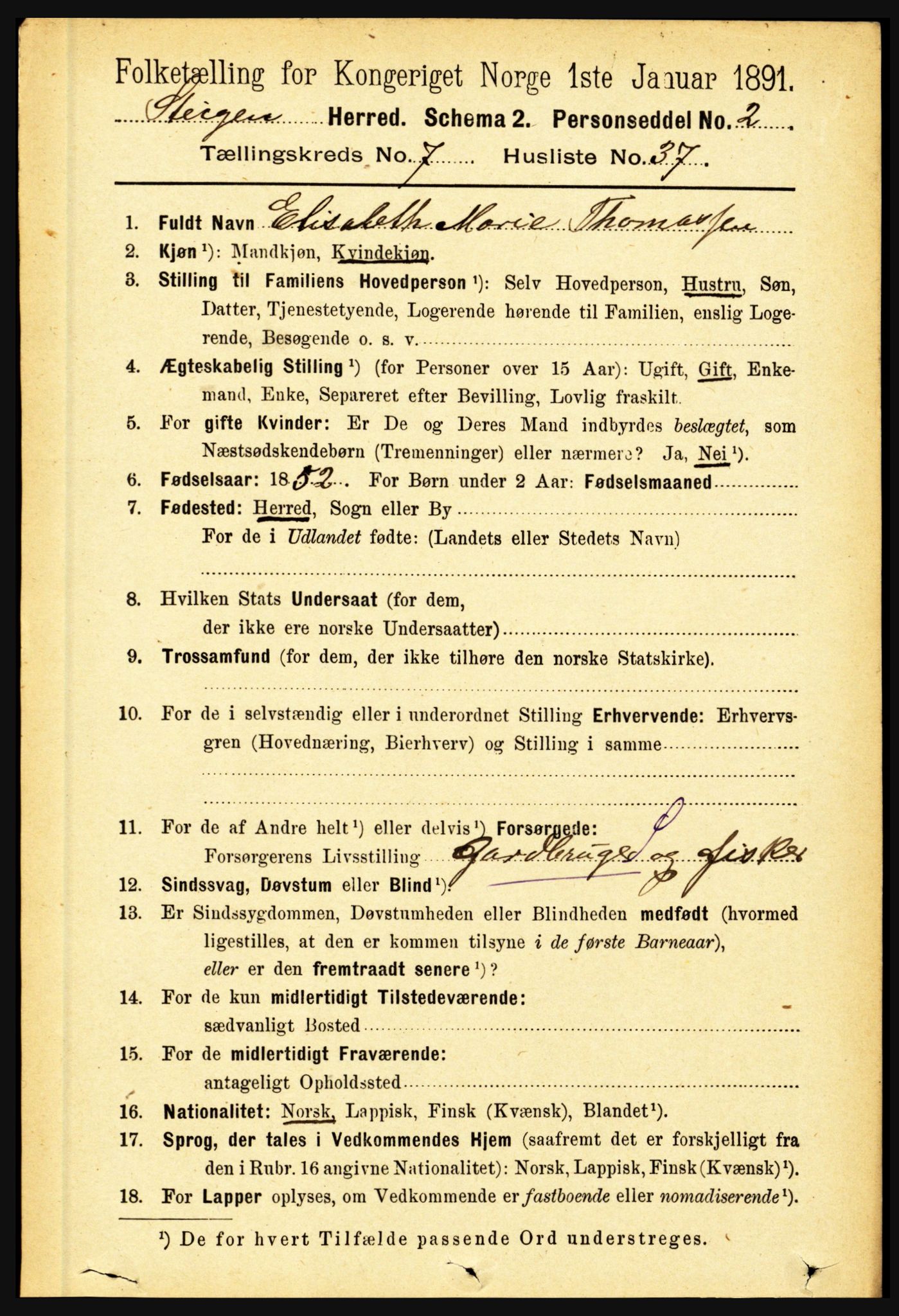 RA, 1891 census for 1848 Steigen, 1891, p. 2465