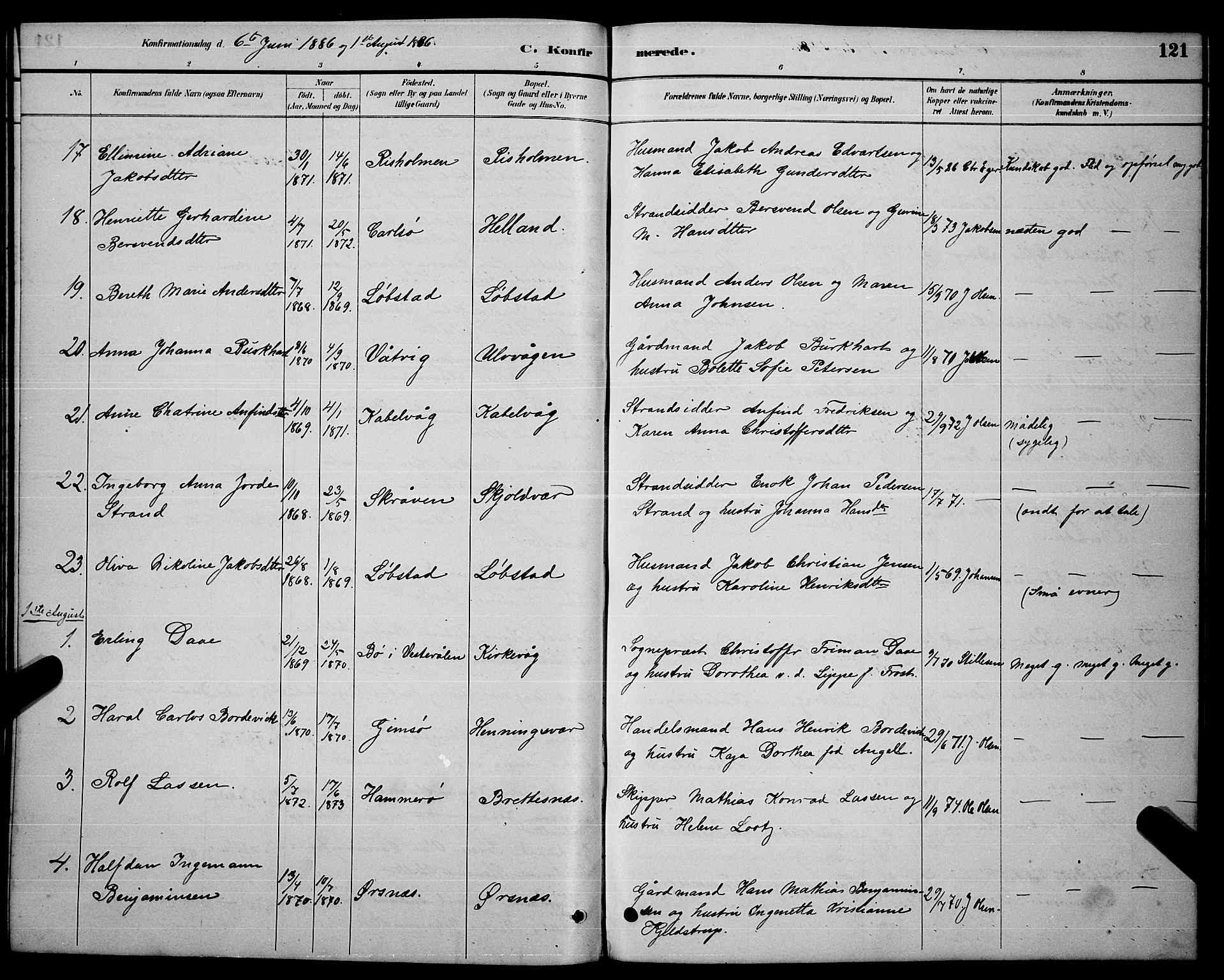 Ministerialprotokoller, klokkerbøker og fødselsregistre - Nordland, AV/SAT-A-1459/874/L1076: Parish register (copy) no. 874C05, 1884-1890, p. 121