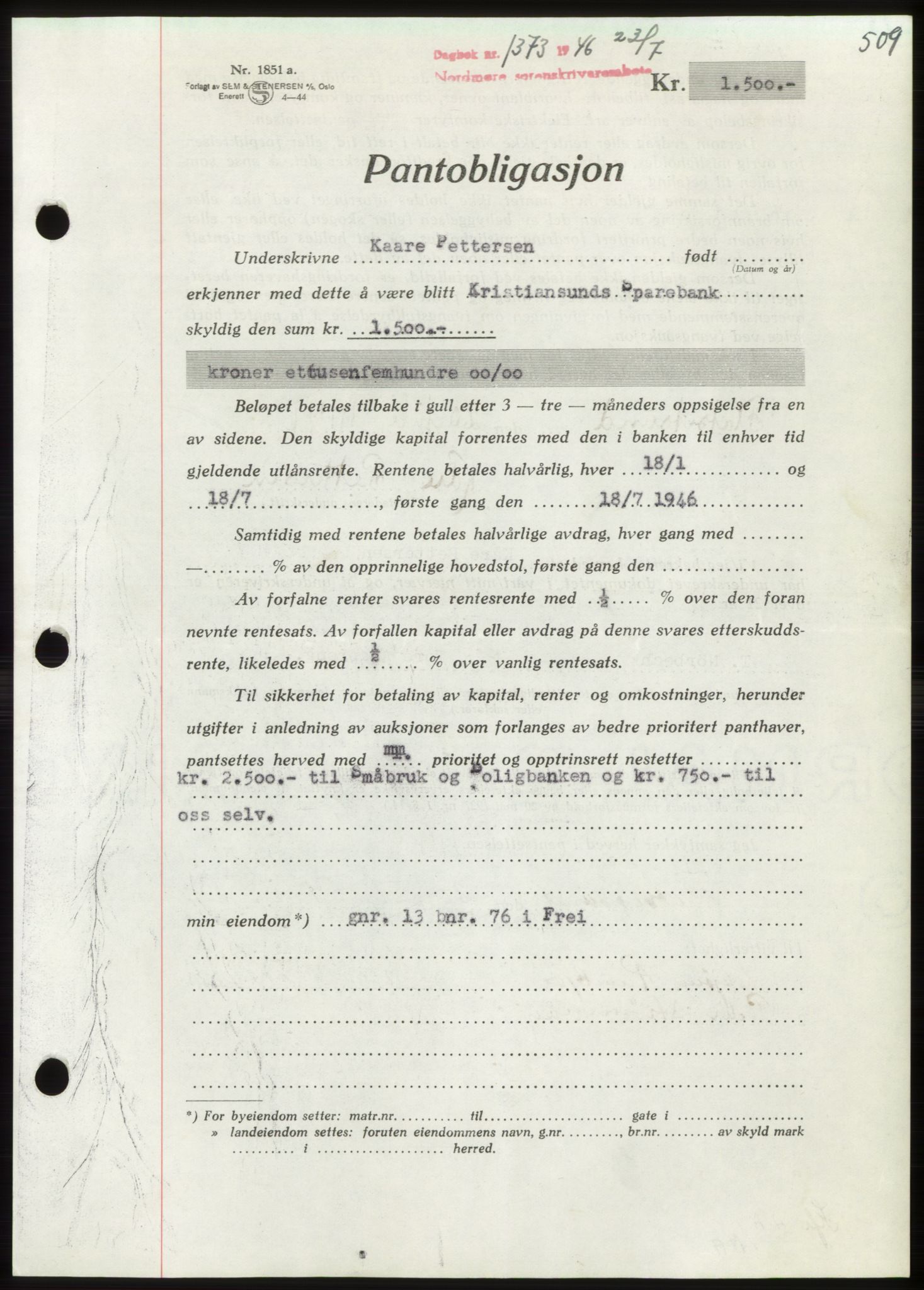 Nordmøre sorenskriveri, AV/SAT-A-4132/1/2/2Ca: Mortgage book no. B94, 1946-1946, Diary no: : 1373/1946