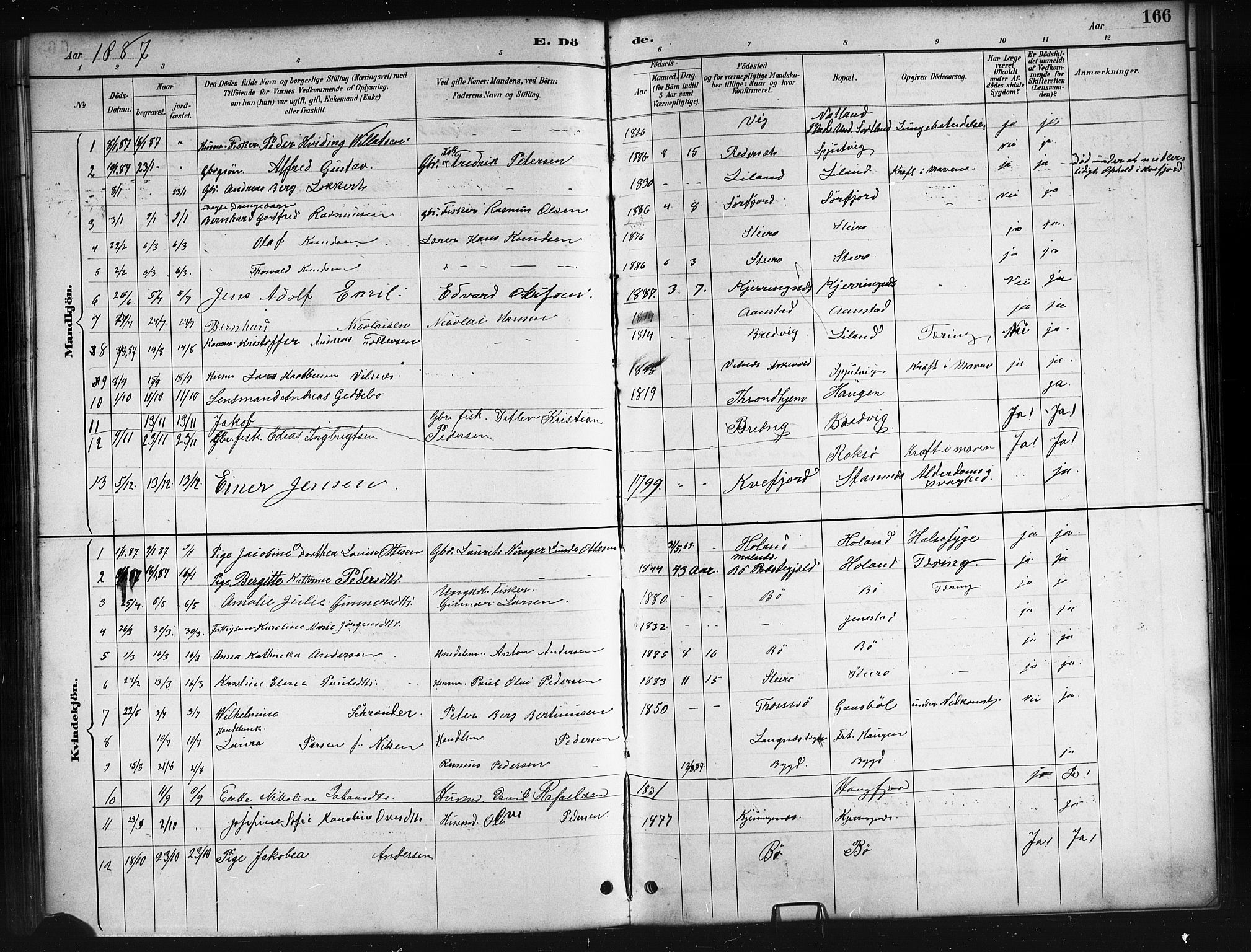 Ministerialprotokoller, klokkerbøker og fødselsregistre - Nordland, AV/SAT-A-1459/895/L1382: Parish register (copy) no. 895C04, 1885-1896, p. 166