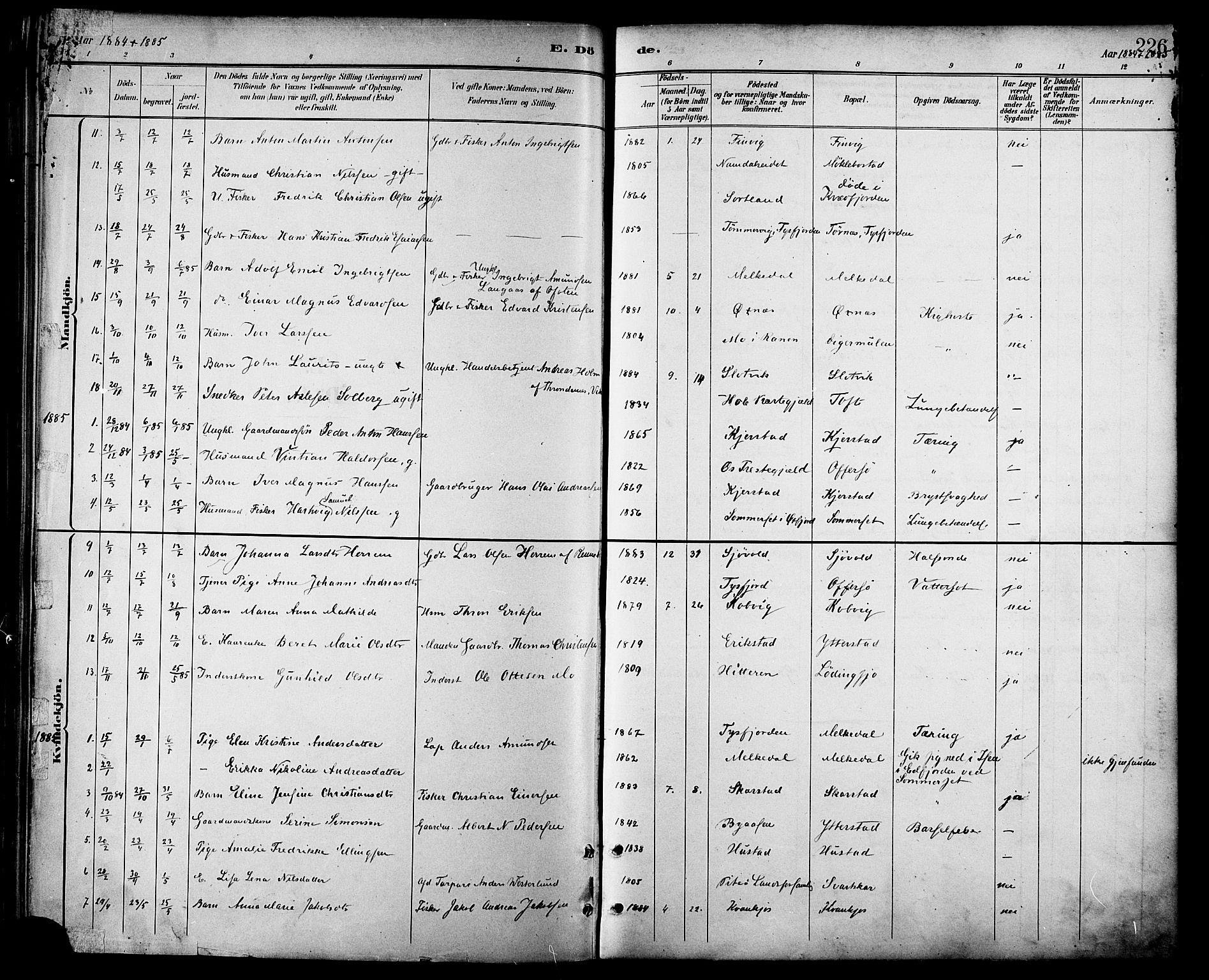 Ministerialprotokoller, klokkerbøker og fødselsregistre - Nordland, AV/SAT-A-1459/872/L1035: Parish register (official) no. 872A10, 1884-1896, p. 226