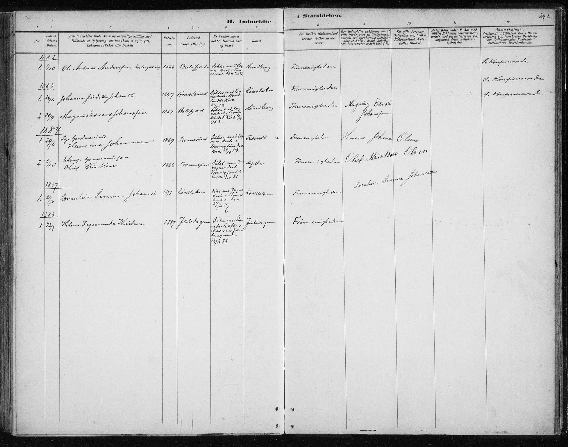 Tromsøysund sokneprestkontor, SATØ/S-1304/G/Ga/L0004kirke: Parish register (official) no. 4, 1880-1888, p. 292