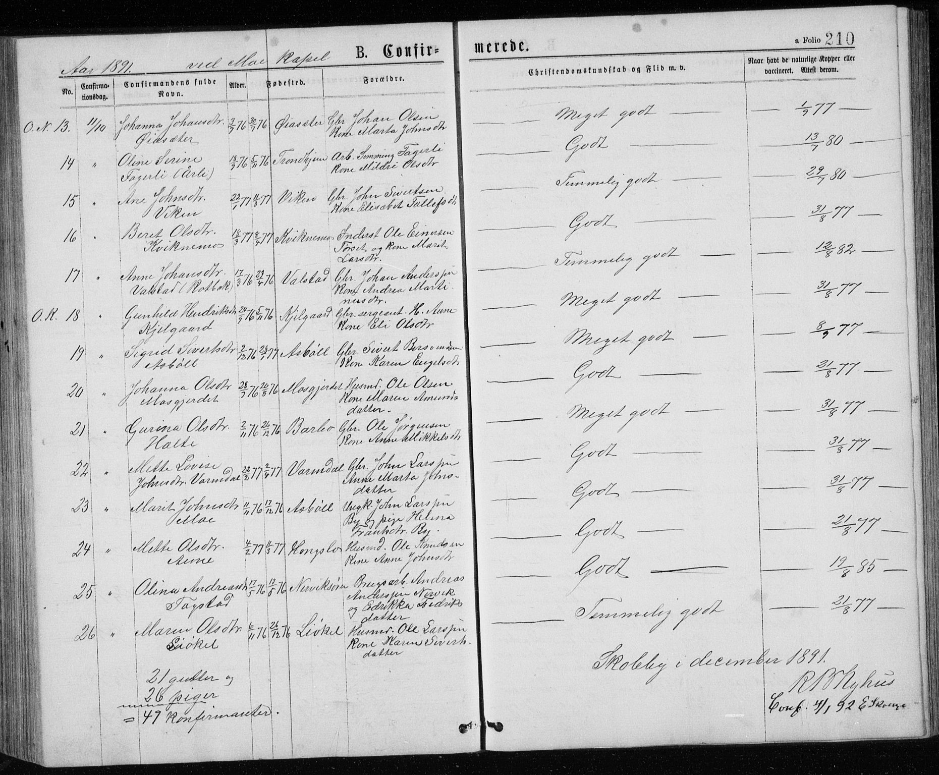 Ministerialprotokoller, klokkerbøker og fødselsregistre - Sør-Trøndelag, SAT/A-1456/671/L0843: Parish register (copy) no. 671C02, 1873-1892, p. 210