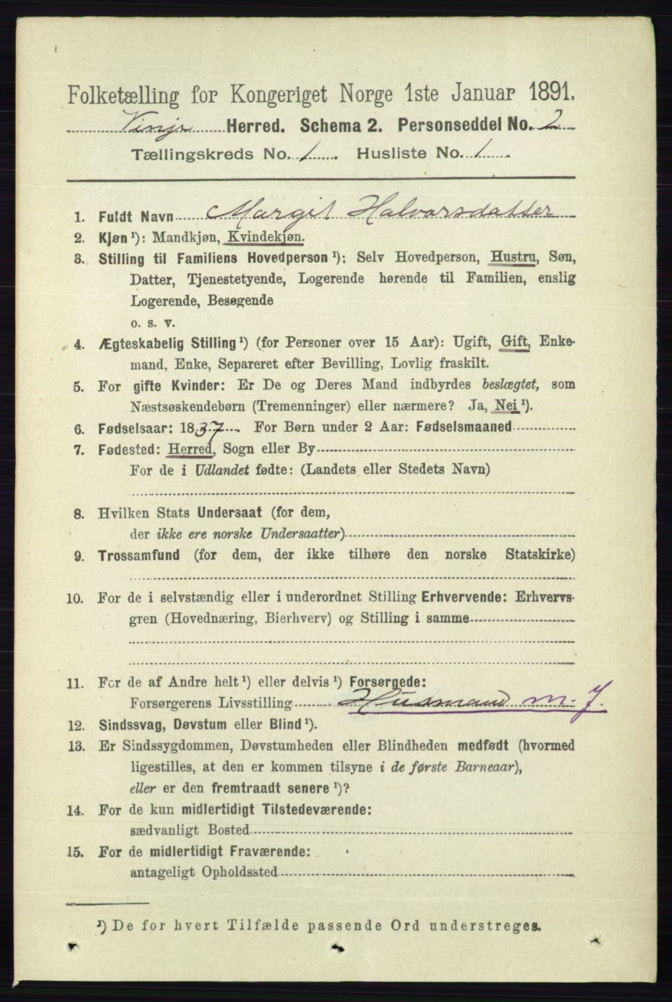 RA, 1891 census for 0834 Vinje, 1891, p. 62