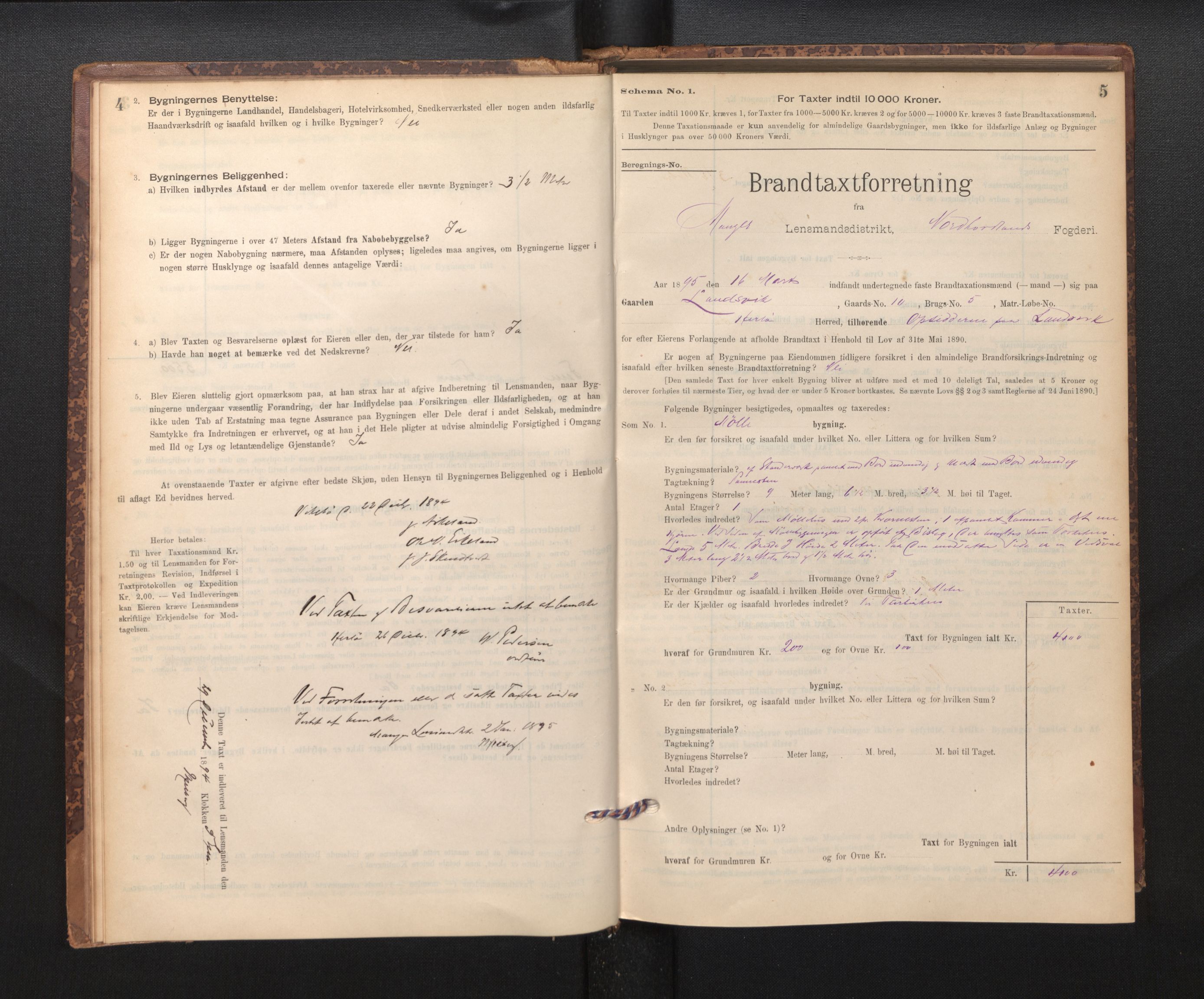 Lensmannen i Manger, SAB/A-33701/0012/L0004: Branntakstprotokoll, skjematakst, 1894-1952, p. 4-5