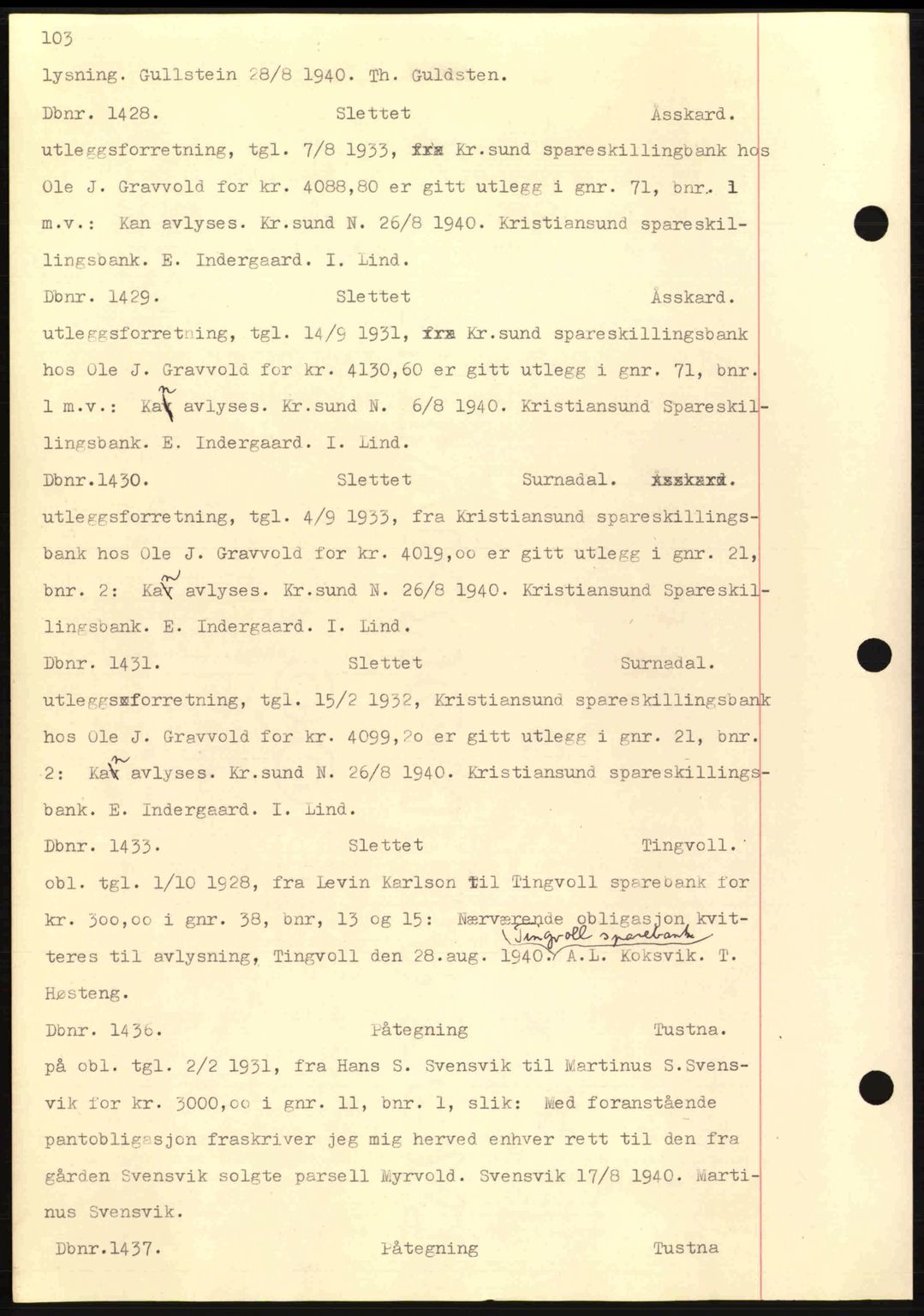 Nordmøre sorenskriveri, AV/SAT-A-4132/1/2/2Ca: Mortgage book no. C81, 1940-1945, Diary no: : 1428/1940