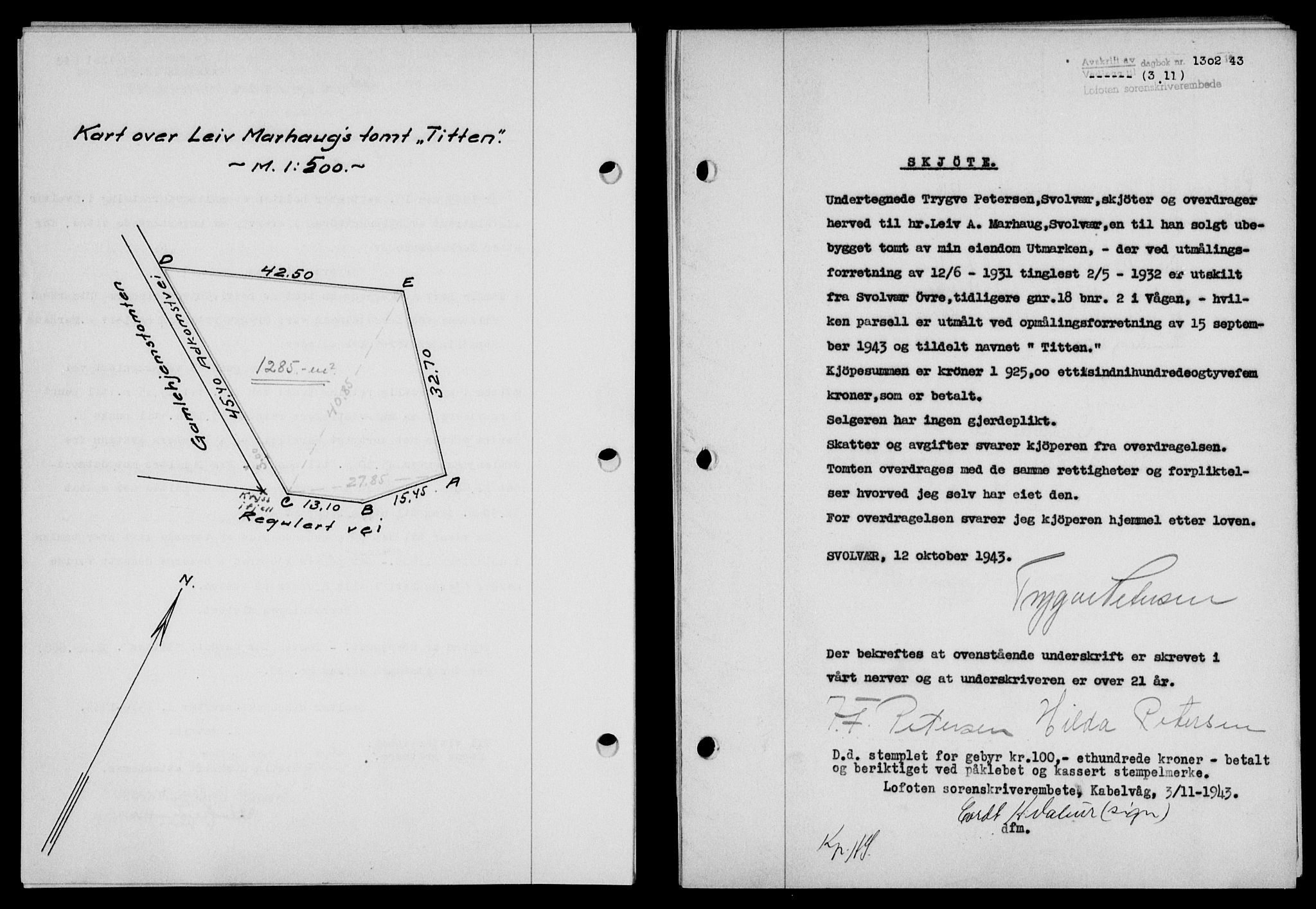 Lofoten sorenskriveri, SAT/A-0017/1/2/2C/L0011a: Mortgage book no. 11a, 1943-1943, Diary no: : 1302/1943