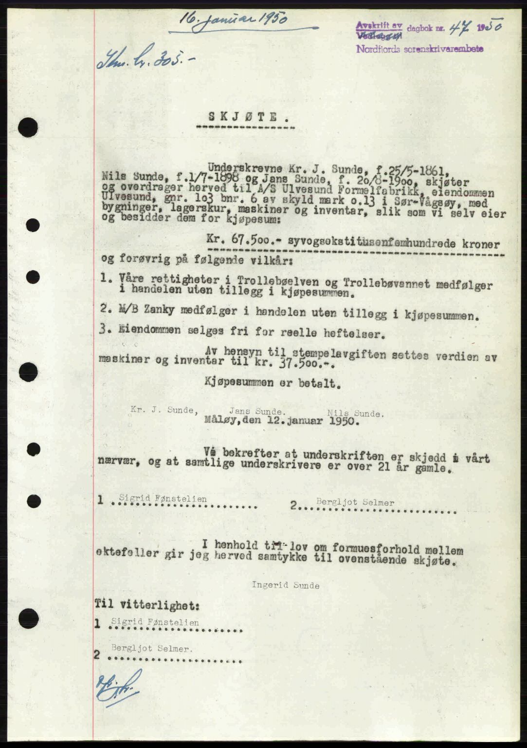 Nordfjord sorenskriveri, SAB/A-2801/02/02b/02bj/L0016a: Mortgage book no. A16 I, 1949-1950, Diary no: : 47/1950