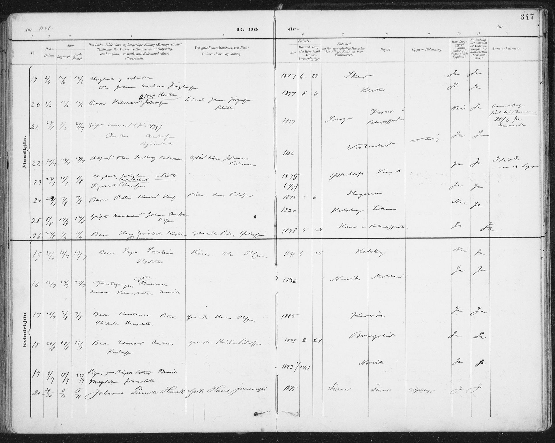 Ministerialprotokoller, klokkerbøker og fødselsregistre - Nordland, AV/SAT-A-1459/852/L0741: Parish register (official) no. 852A11, 1894-1917, p. 347