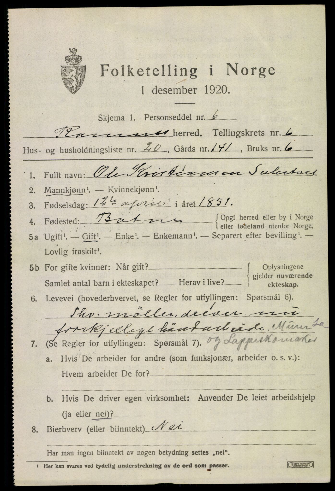 SAKO, 1920 census for Ramnes, 1920, p. 6396