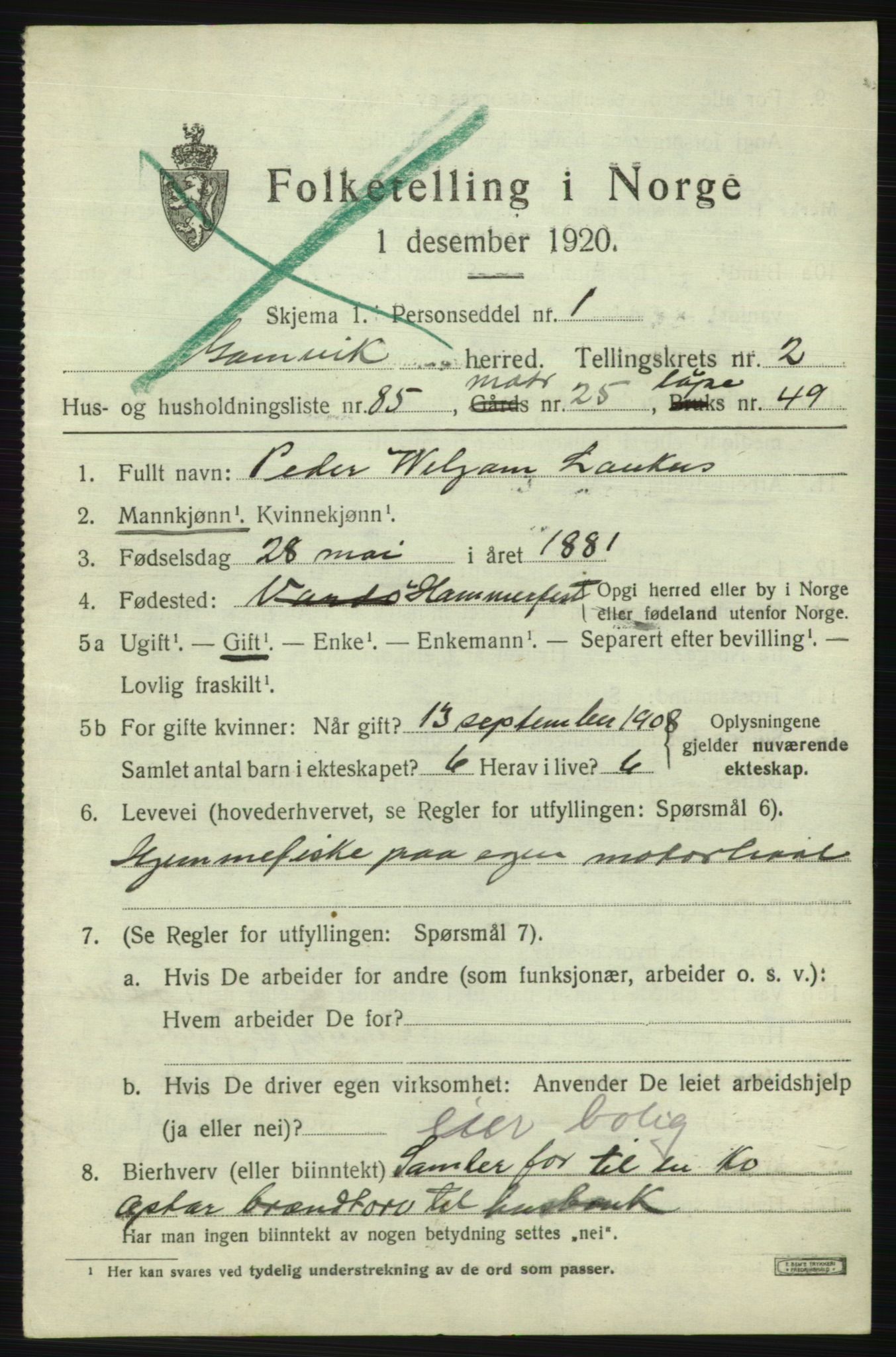 SATØ, 1920 census for Gamvik, 1920, p. 2380