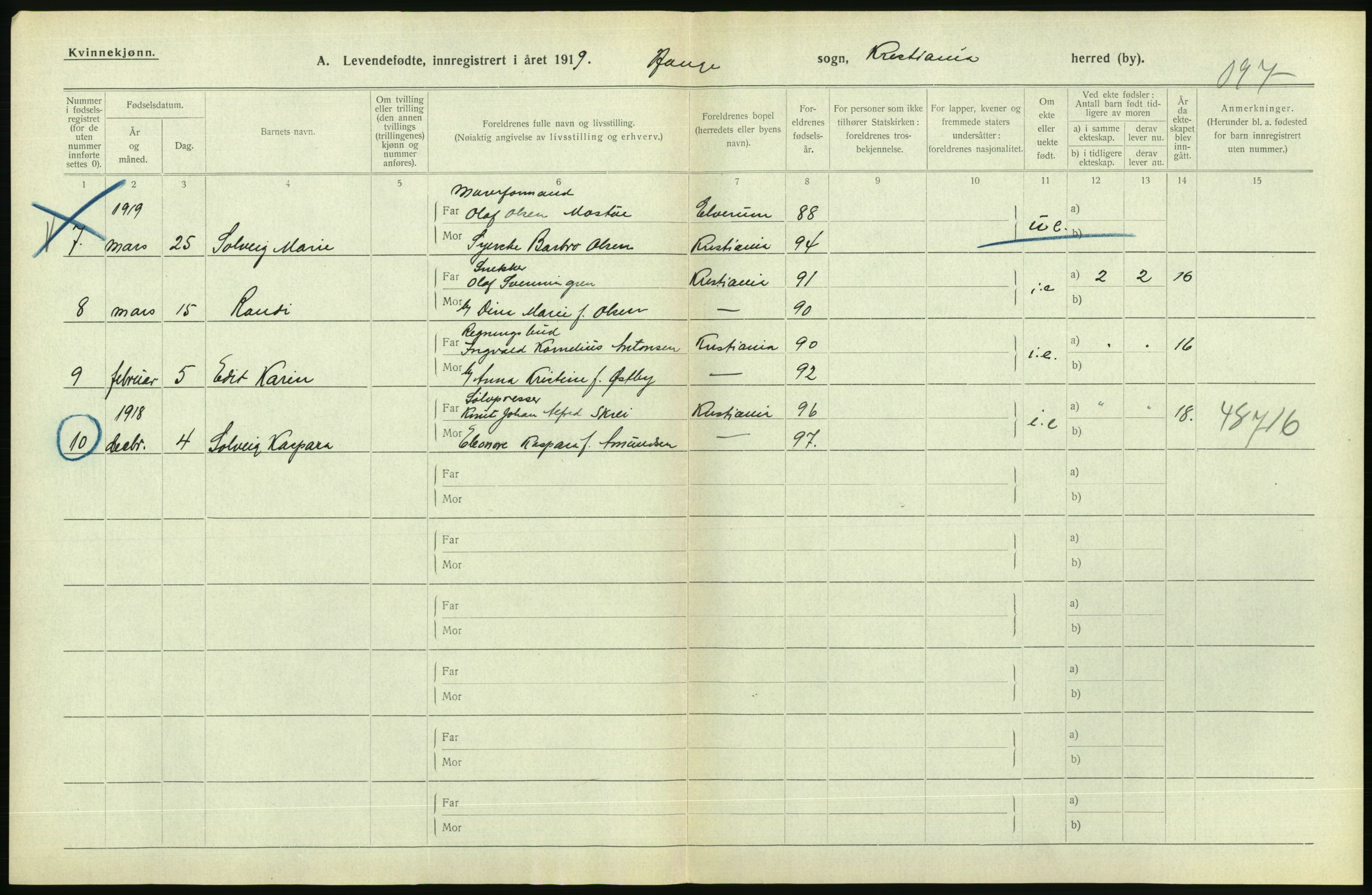 Statistisk sentralbyrå, Sosiodemografiske emner, Befolkning, AV/RA-S-2228/D/Df/Dfb/Dfbi/L0008: Kristiania: Levendefødte menn og kvinner., 1919