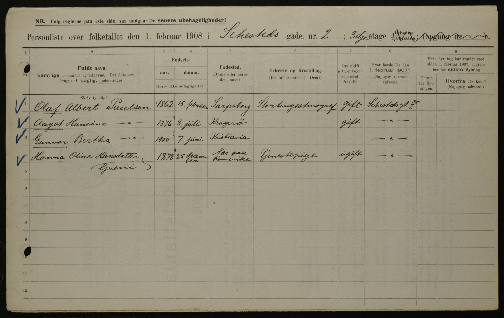 OBA, Municipal Census 1908 for Kristiania, 1908, p. 84391