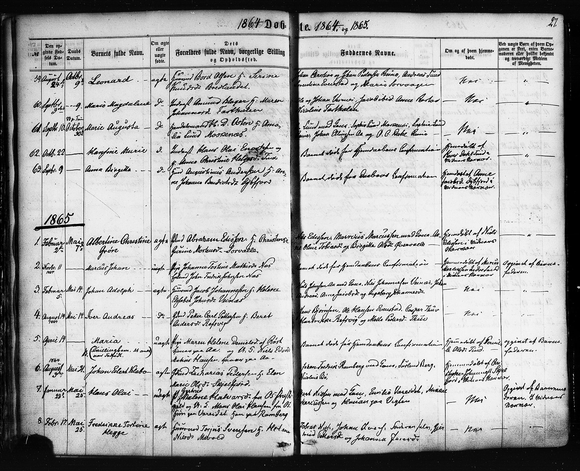 Ministerialprotokoller, klokkerbøker og fødselsregistre - Nordland, SAT/A-1459/885/L1203: Parish register (official) no. 885A04, 1859-1877, p. 27