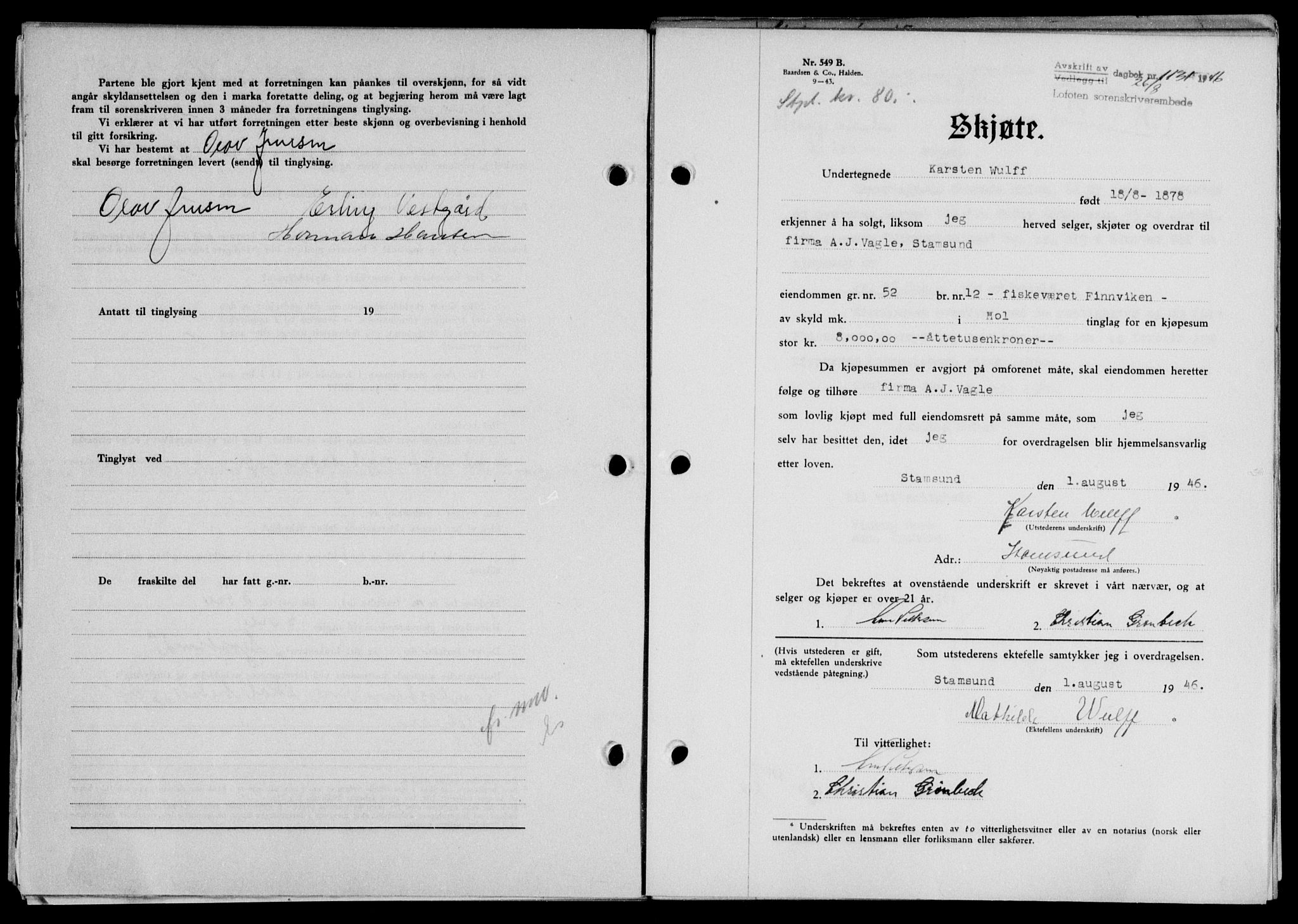 Lofoten sorenskriveri, SAT/A-0017/1/2/2C/L0014a: Mortgage book no. 14a, 1946-1946, Diary no: : 1131/1946