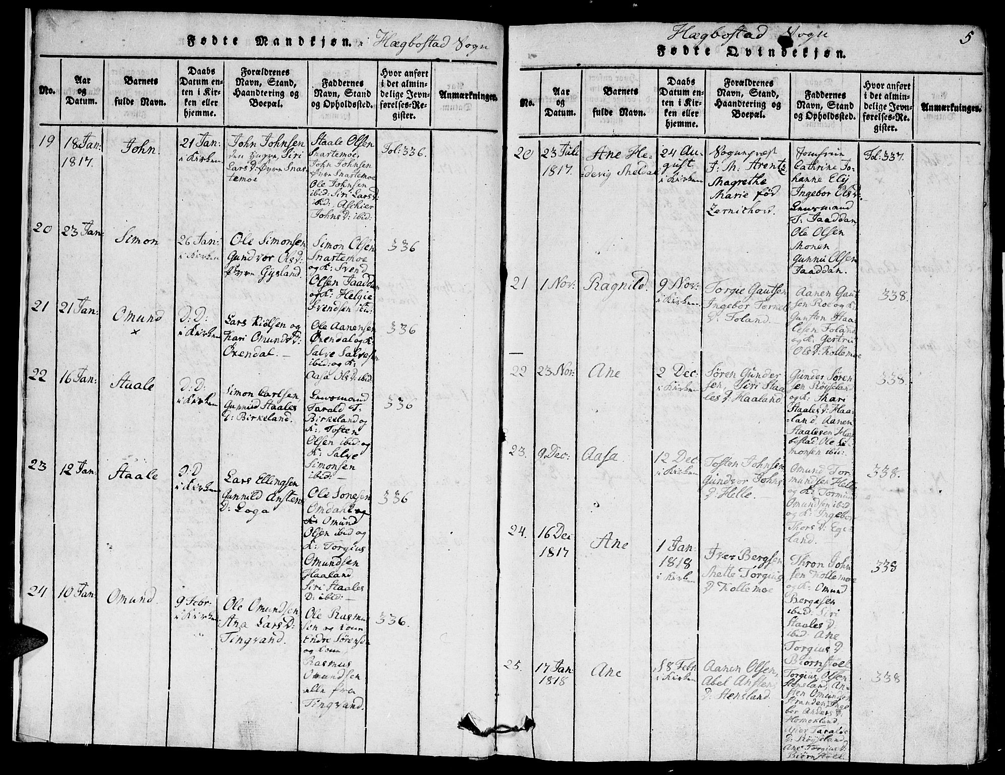Hægebostad sokneprestkontor, SAK/1111-0024/F/Fa/Faa/L0002: Parish register (official) no. A 2 /1, 1816-1825, p. 5
