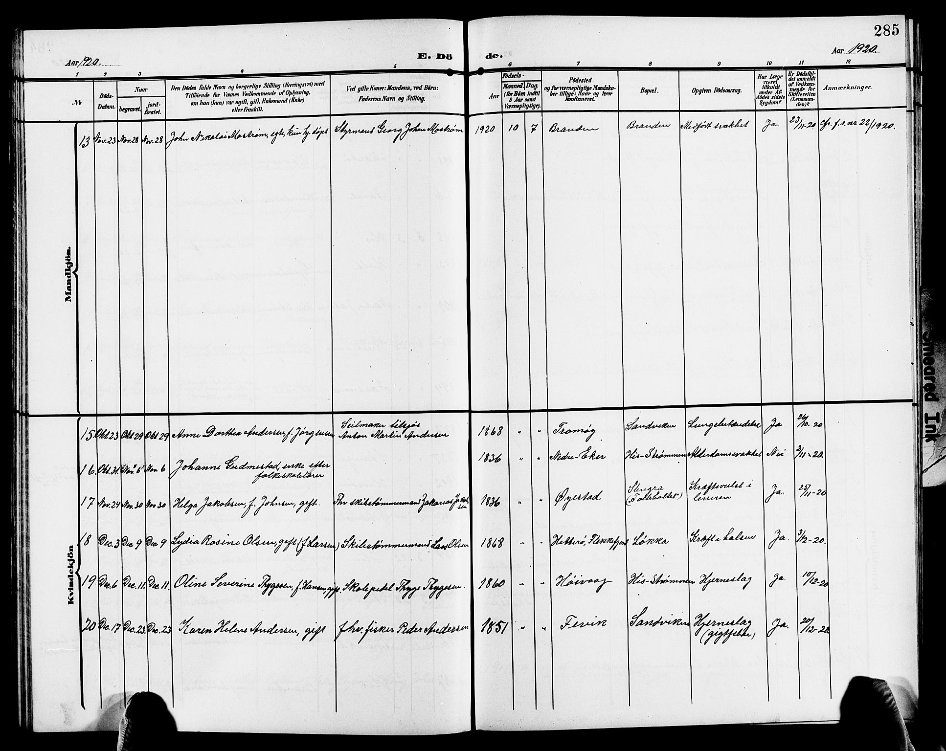 Hisøy sokneprestkontor, AV/SAK-1111-0020/F/Fb/L0004: Parish register (copy) no. B 4, 1905-1923, p. 285