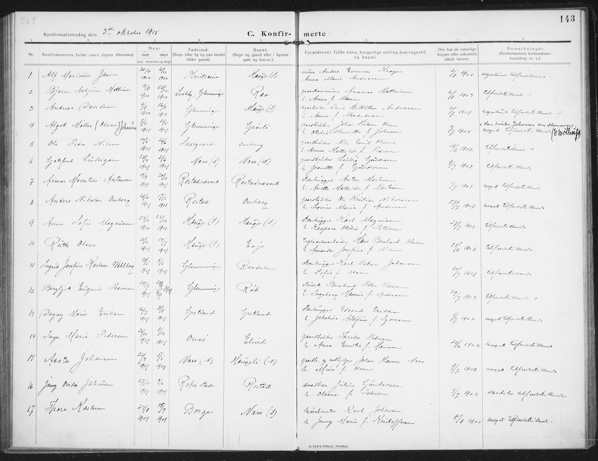 Rolvsøy prestekontor Kirkebøker, AV/SAO-A-2004/F/Fa/L0002: Parish register (official) no. 2, 1909-1917, p. 143