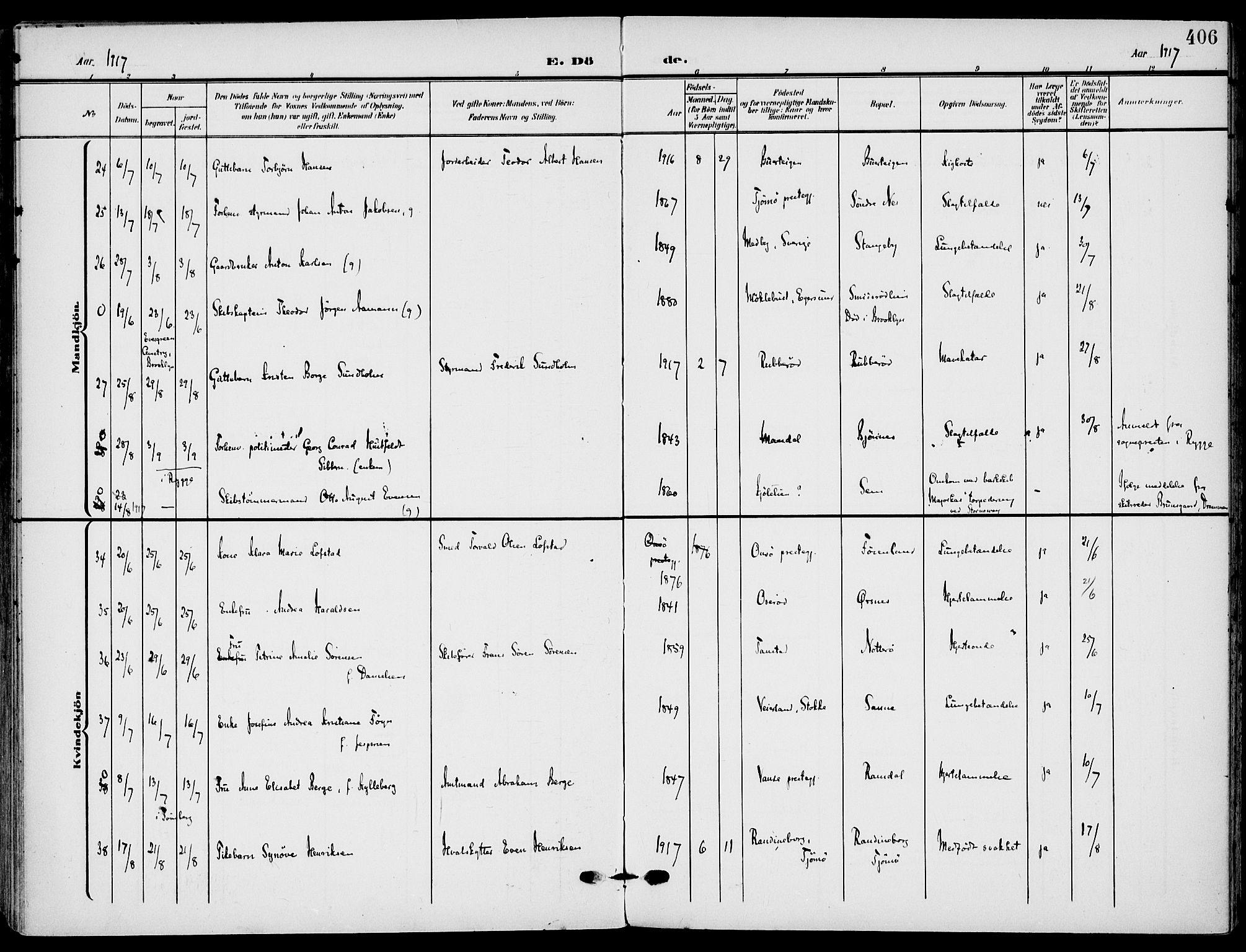 Nøtterøy kirkebøker, AV/SAKO-A-354/F/Fa/L0010: Parish register (official) no. I 10, 1908-1919, p. 406