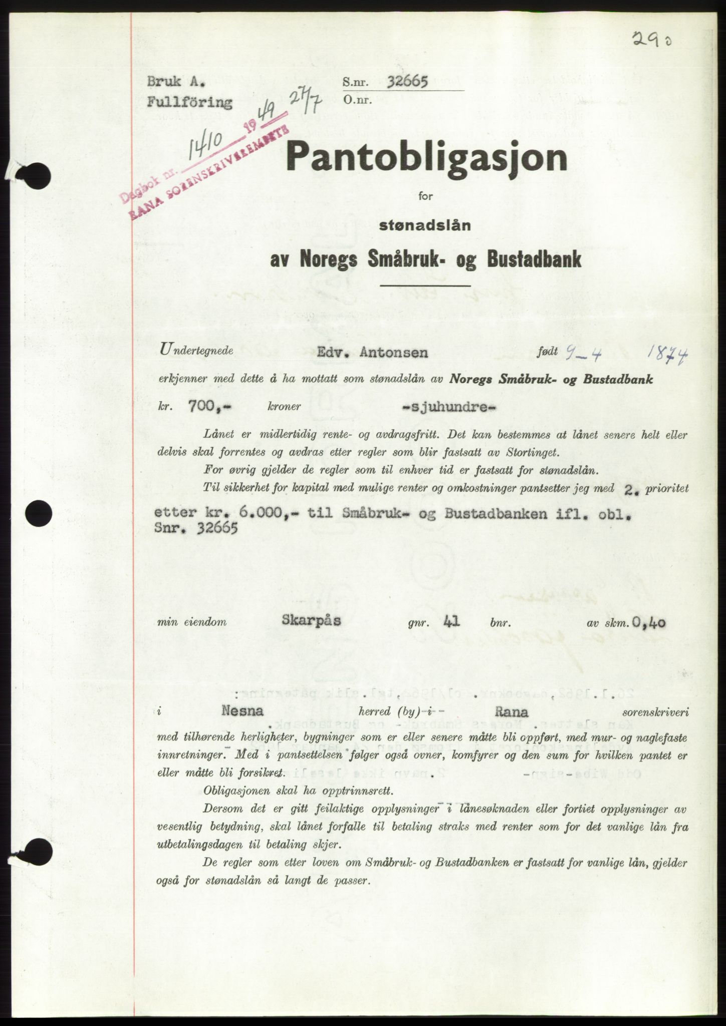 Rana sorenskriveri , AV/SAT-A-1108/1/2/2C: Mortgage book no. B, 1936-1950, Diary no: : 1410/1949