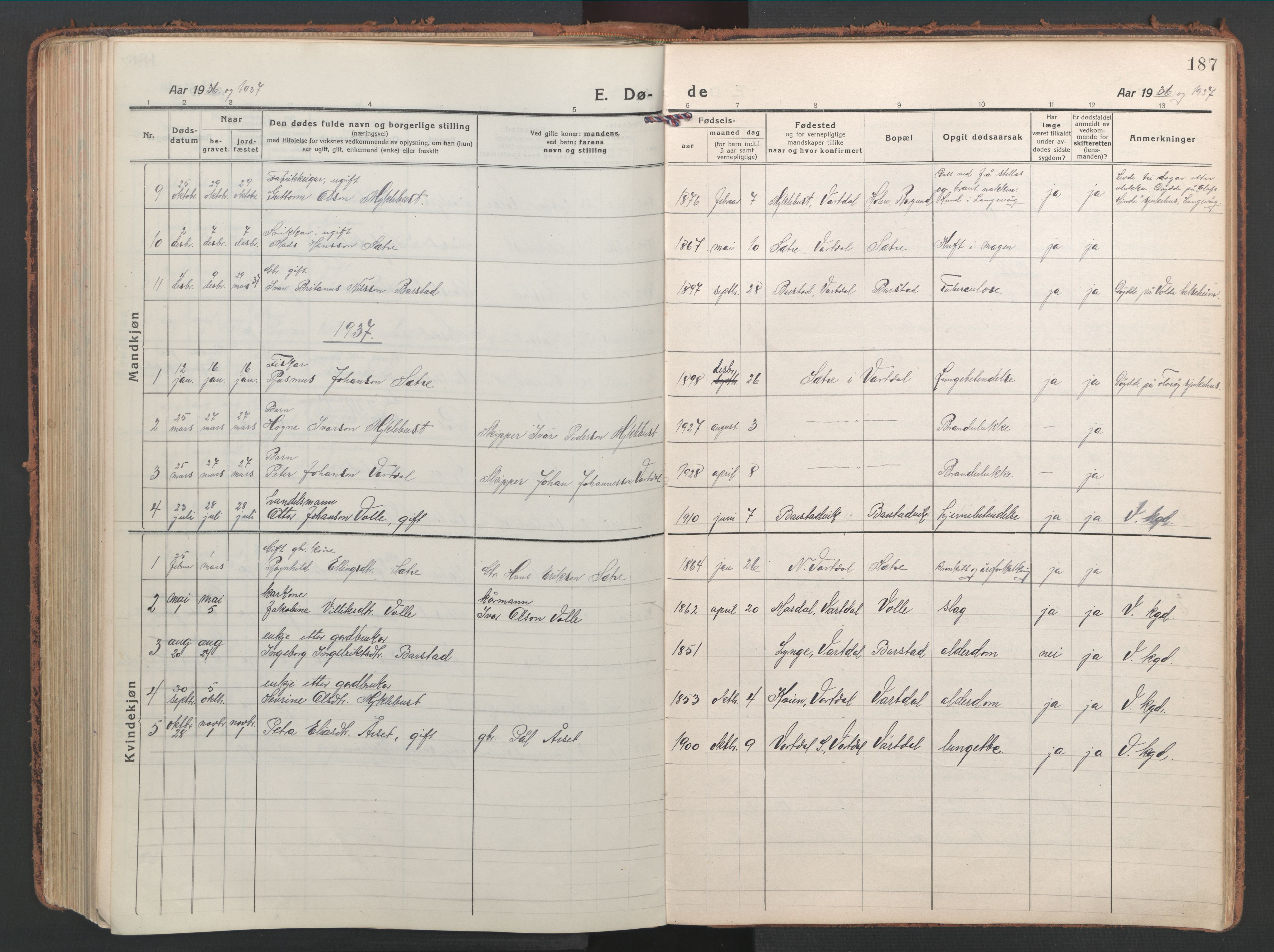 Ministerialprotokoller, klokkerbøker og fødselsregistre - Møre og Romsdal, AV/SAT-A-1454/514/L0202: Parish register (copy) no. 514C02, 1916-1944, p. 187